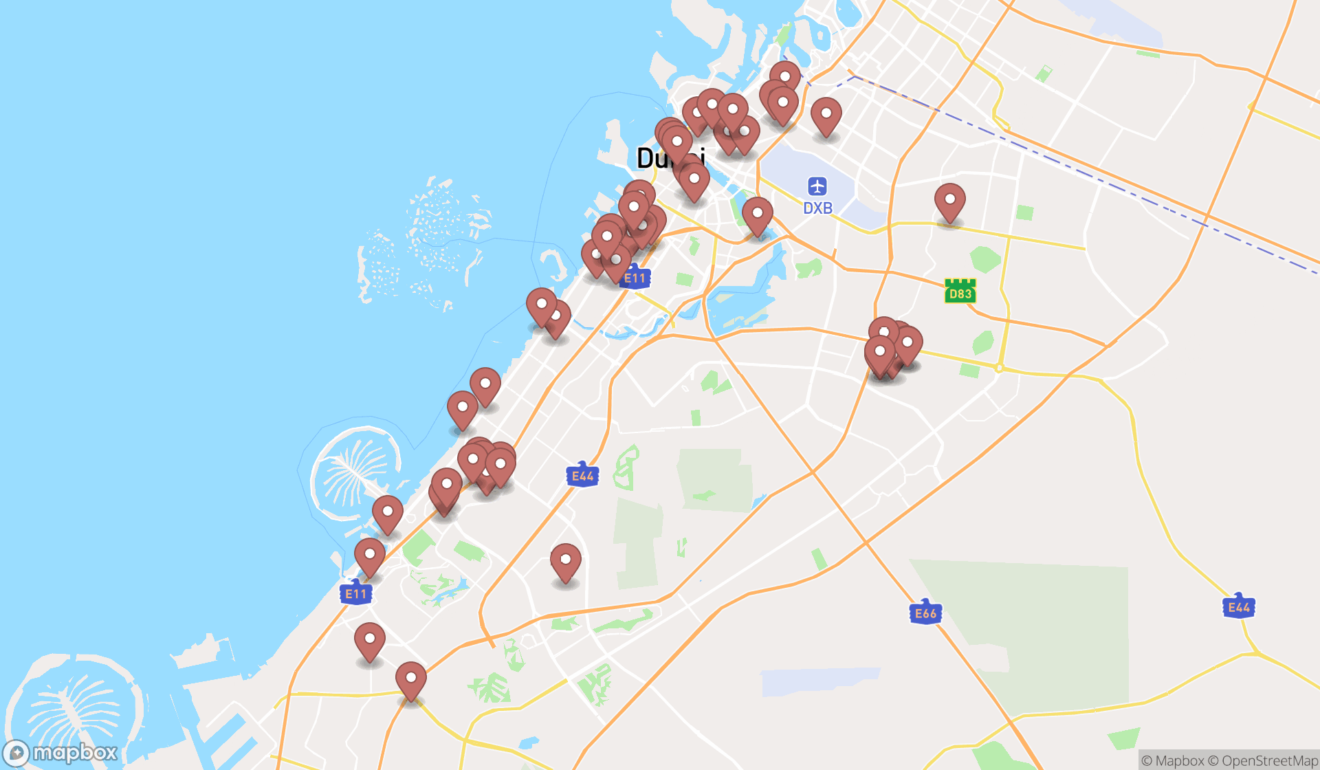 Map showing the search results in Dubai
