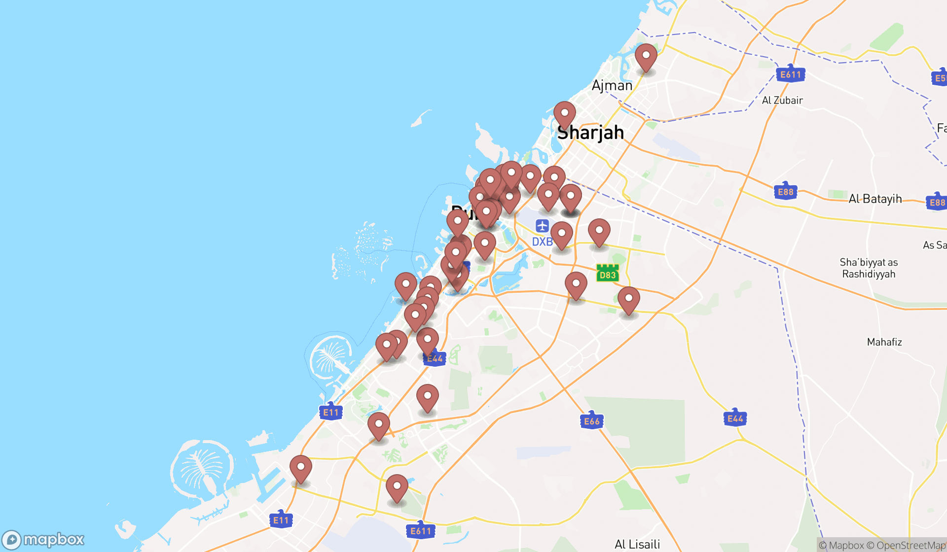 Map showing the search results in Dubai