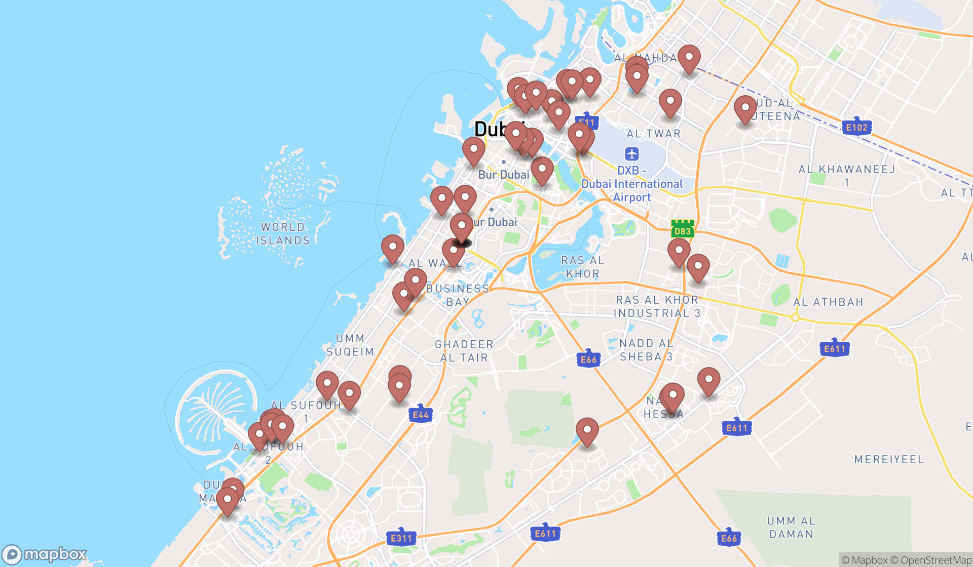 Map showing the search results in Dubai