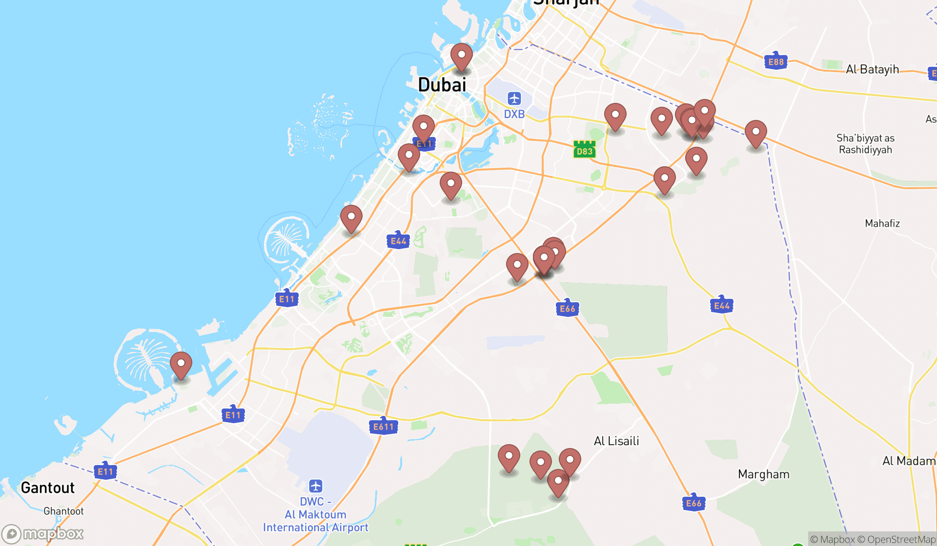 Map showing the search results in Dubai