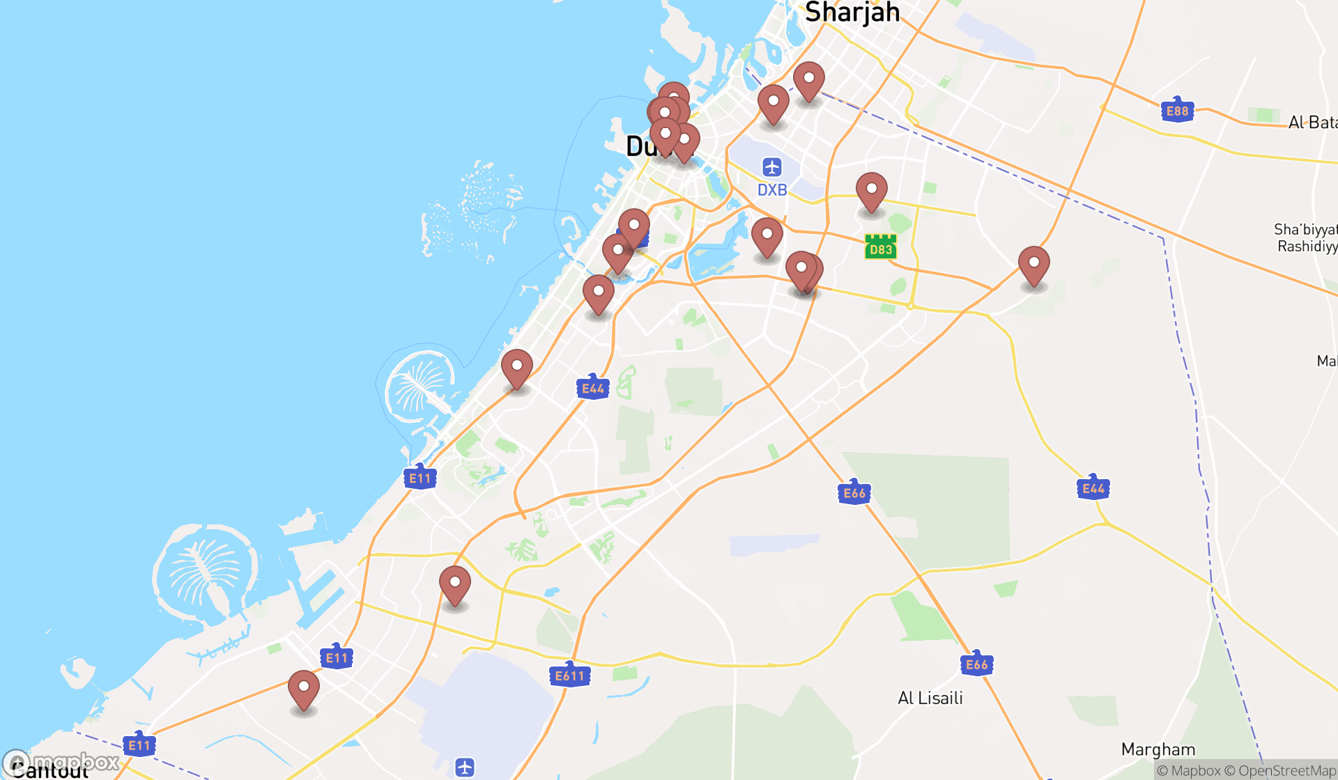 Map showing the search results in Dubai