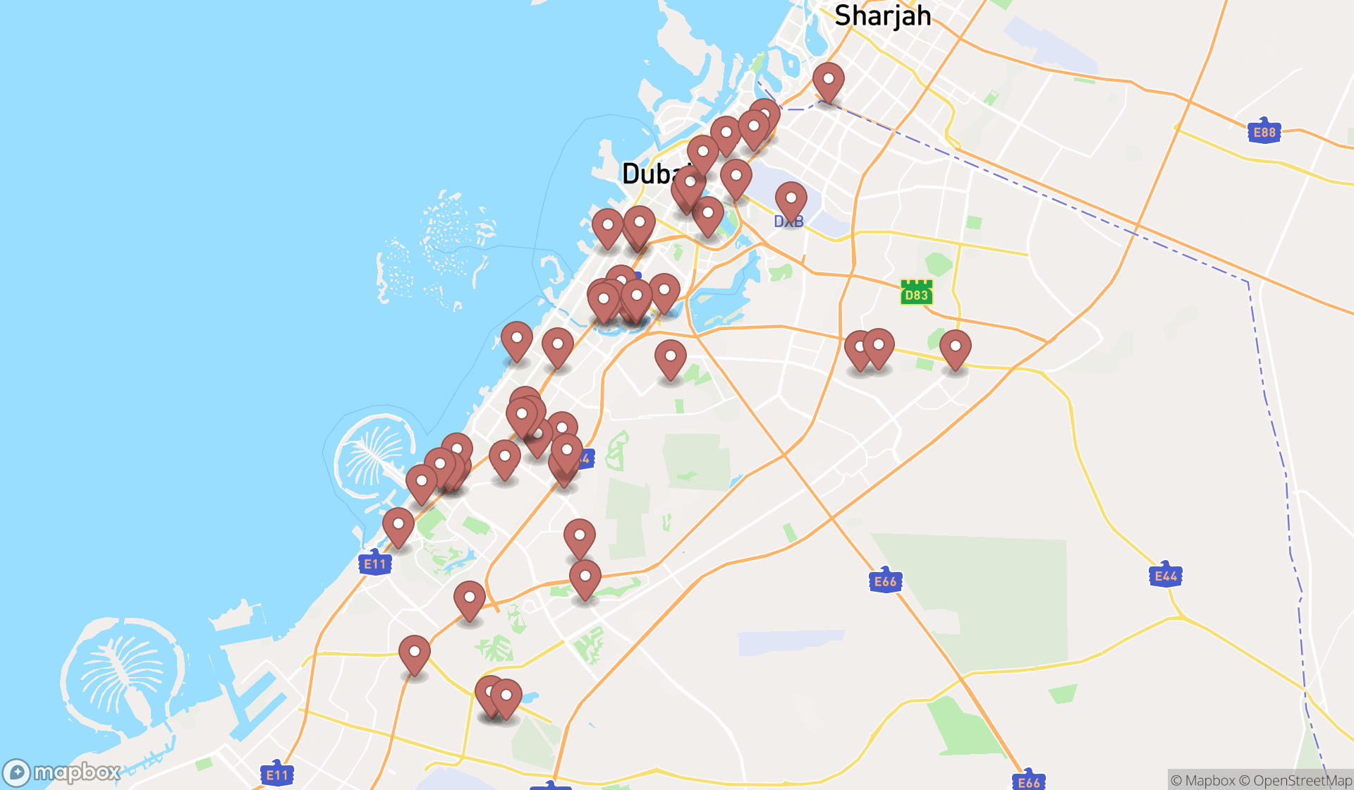 Map showing the search results in Dubai