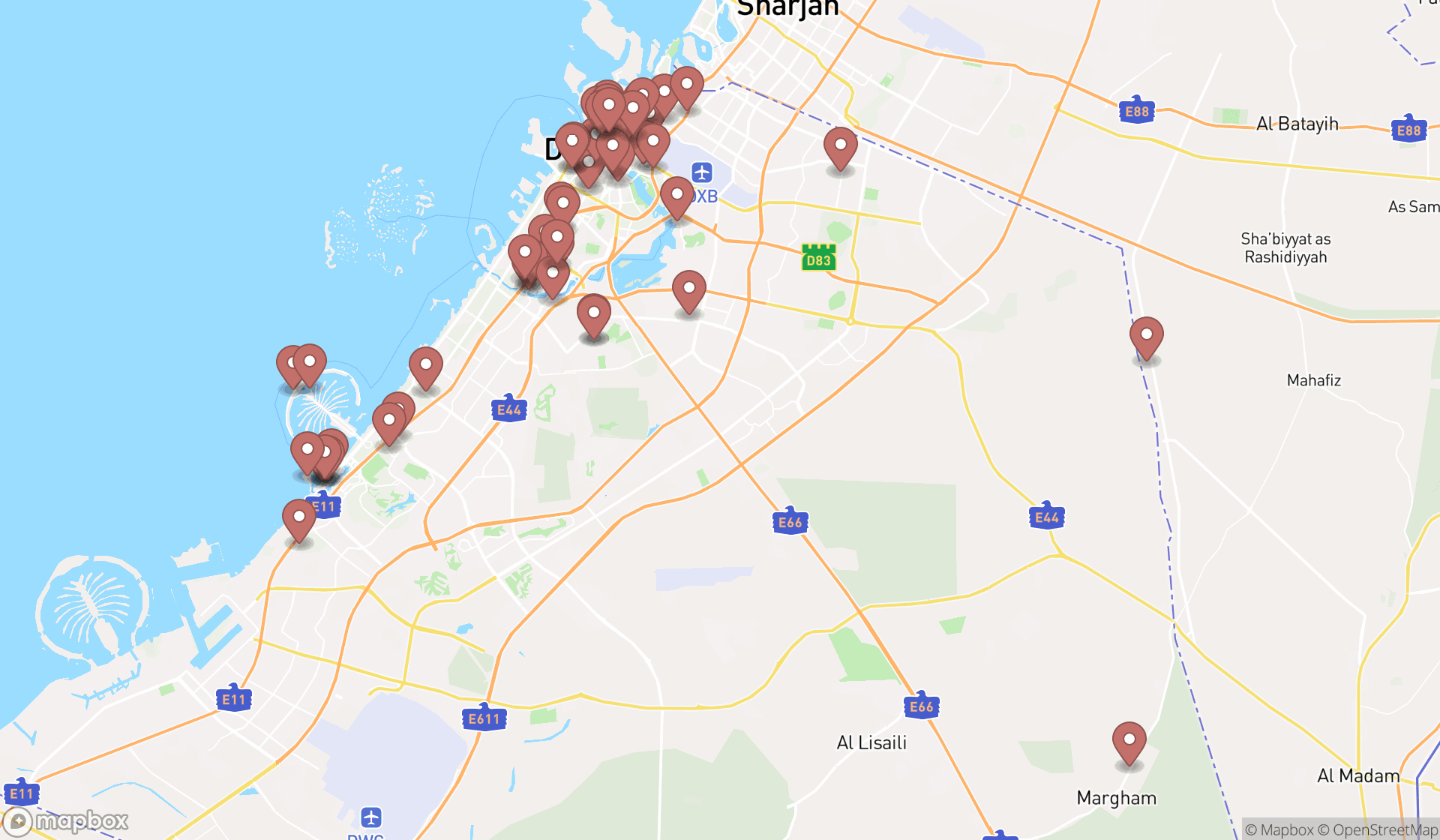 Map showing the search results in Dubai