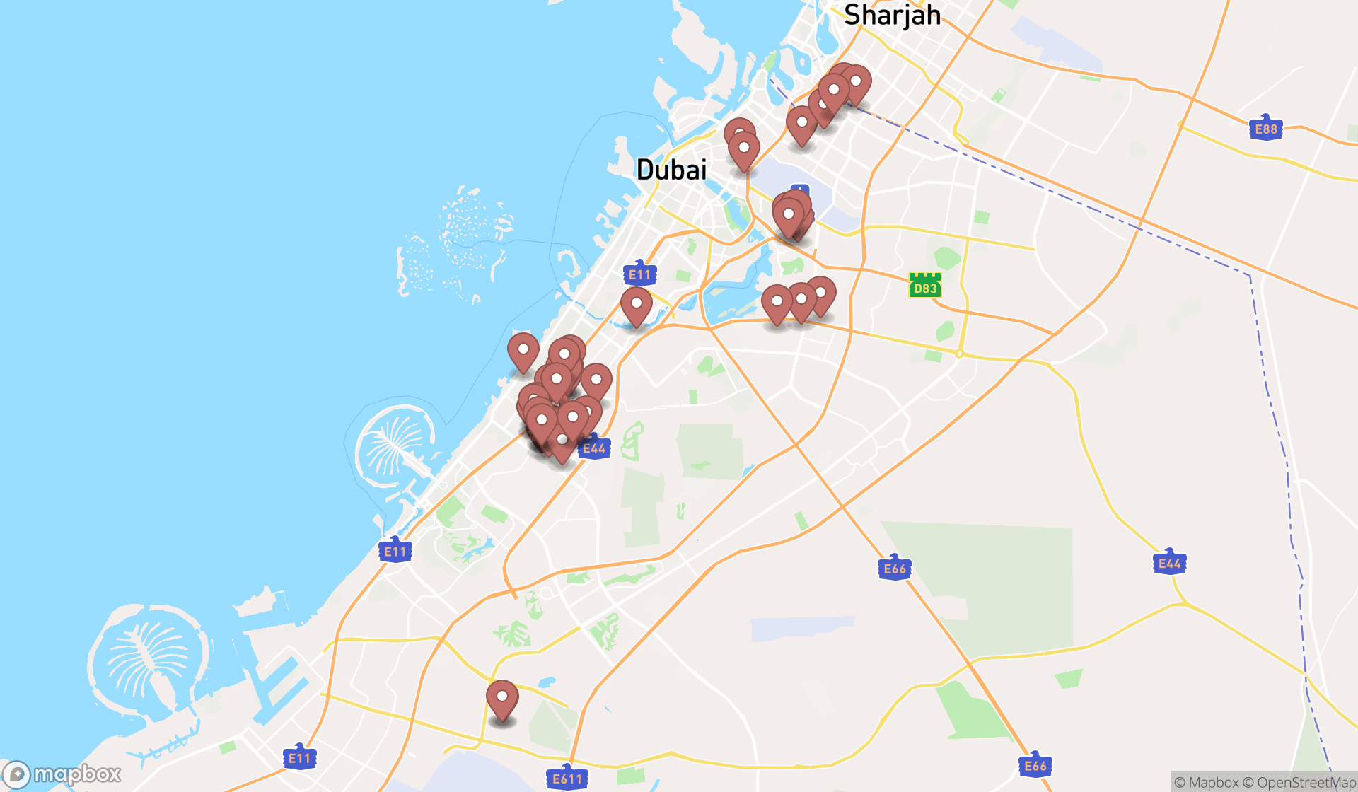 Map showing the search results in Dubai
