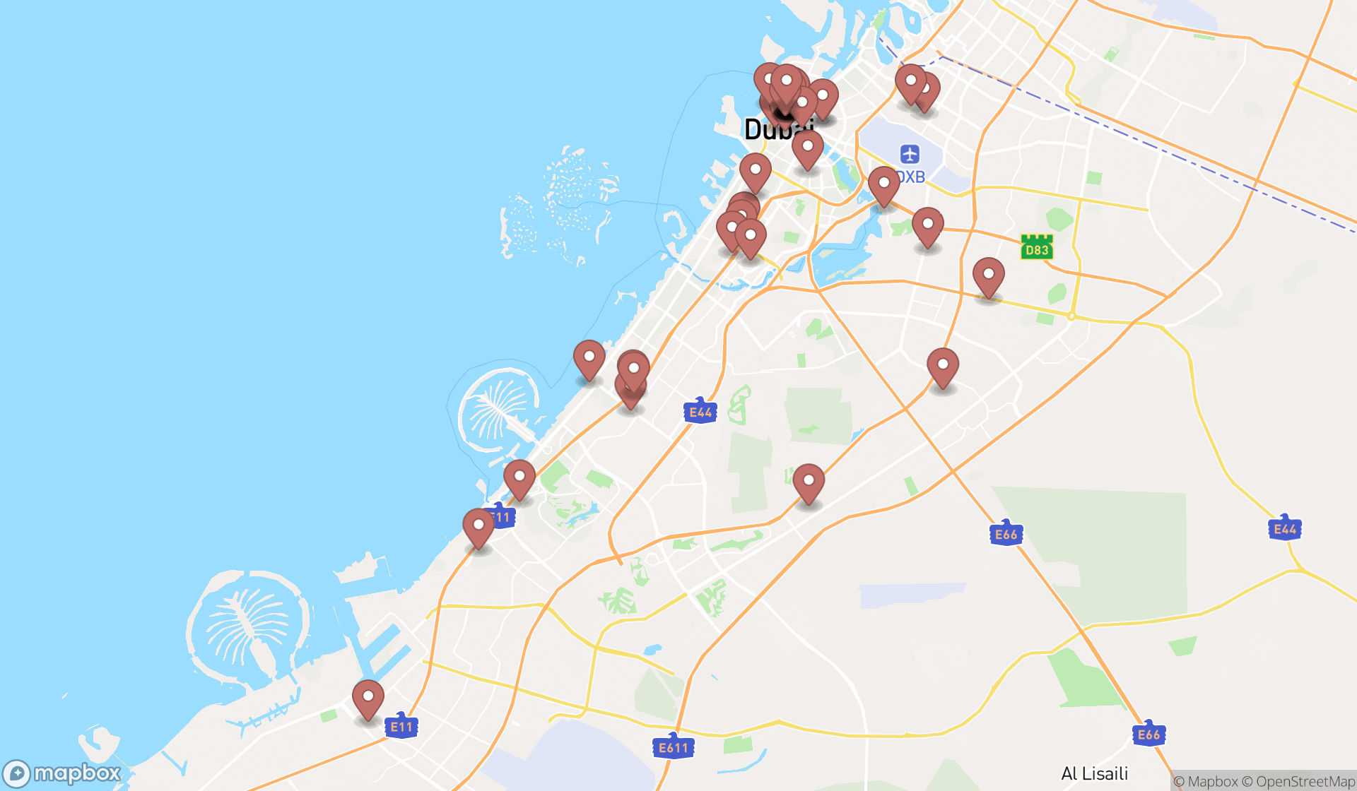 Map showing the search results in Dubai