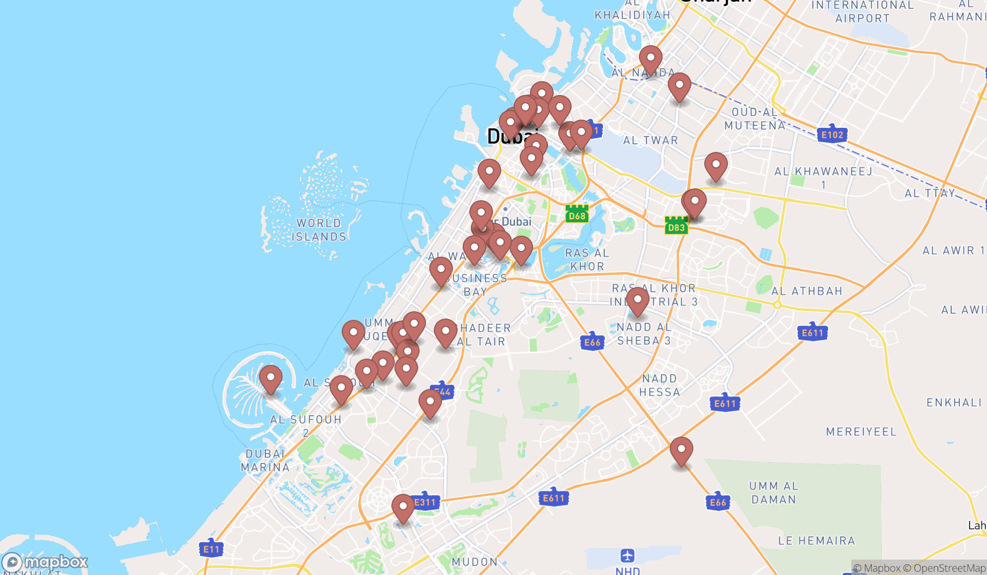 Map showing the search results in Dubai