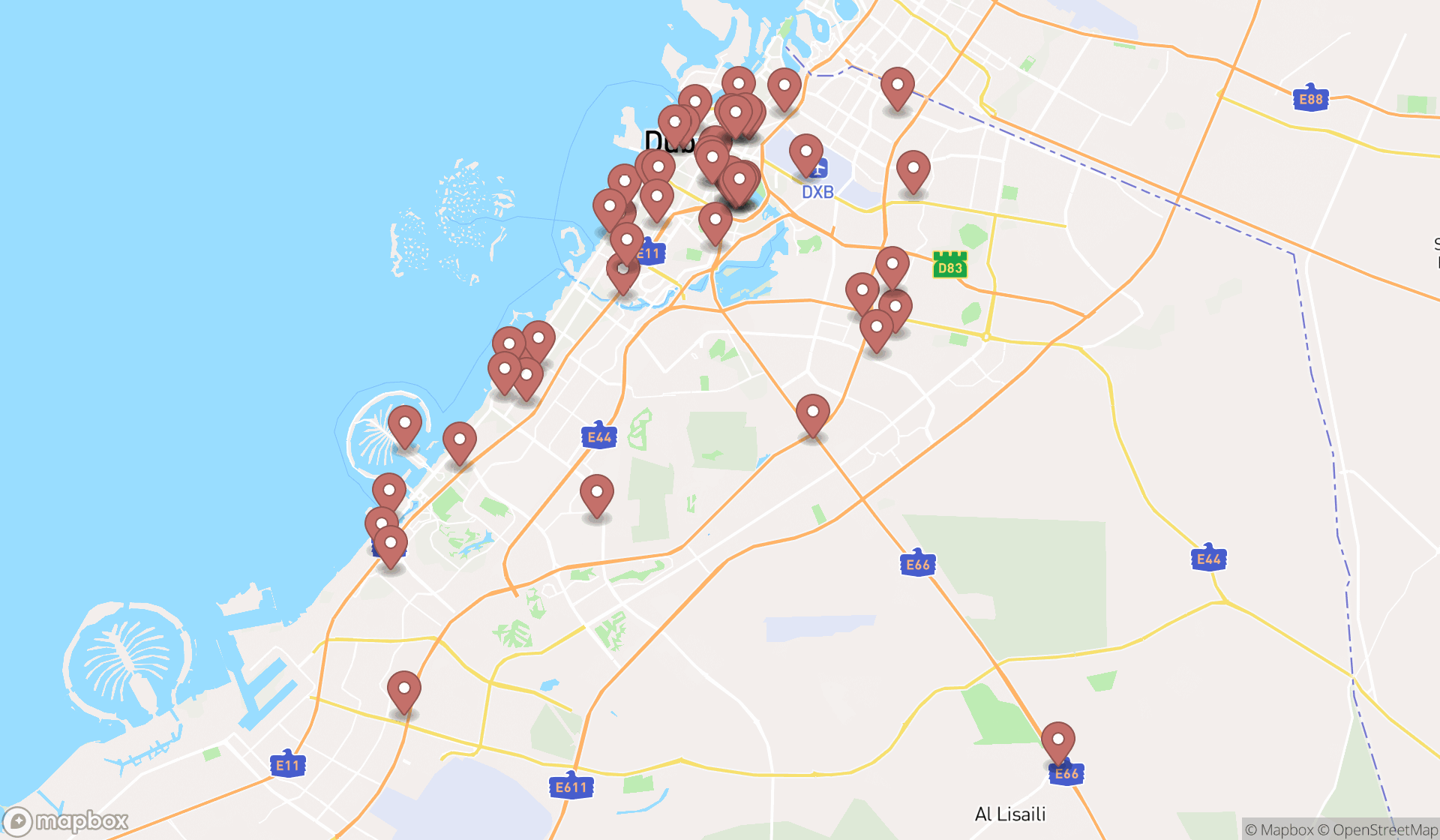 Map showing the search results in Dubai
