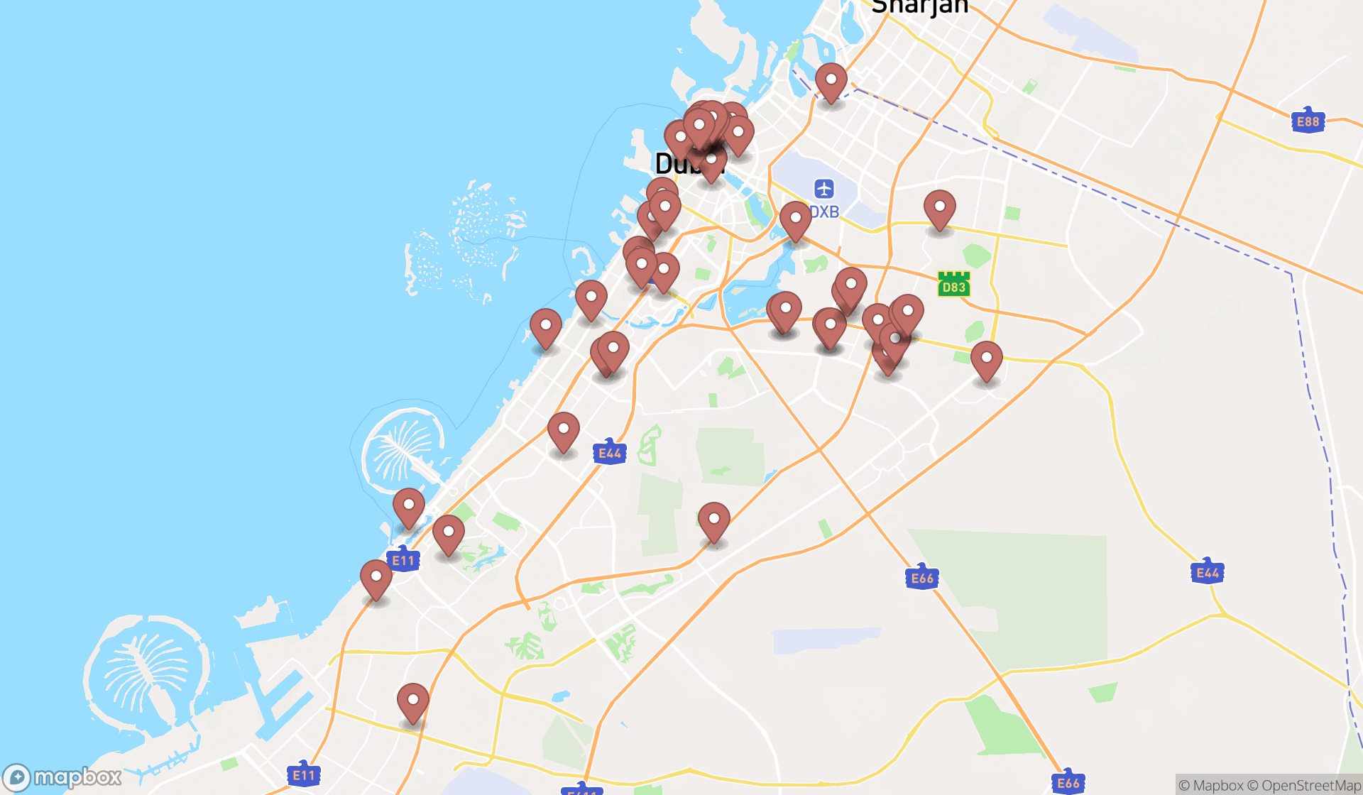 Map showing the search results in Dubai