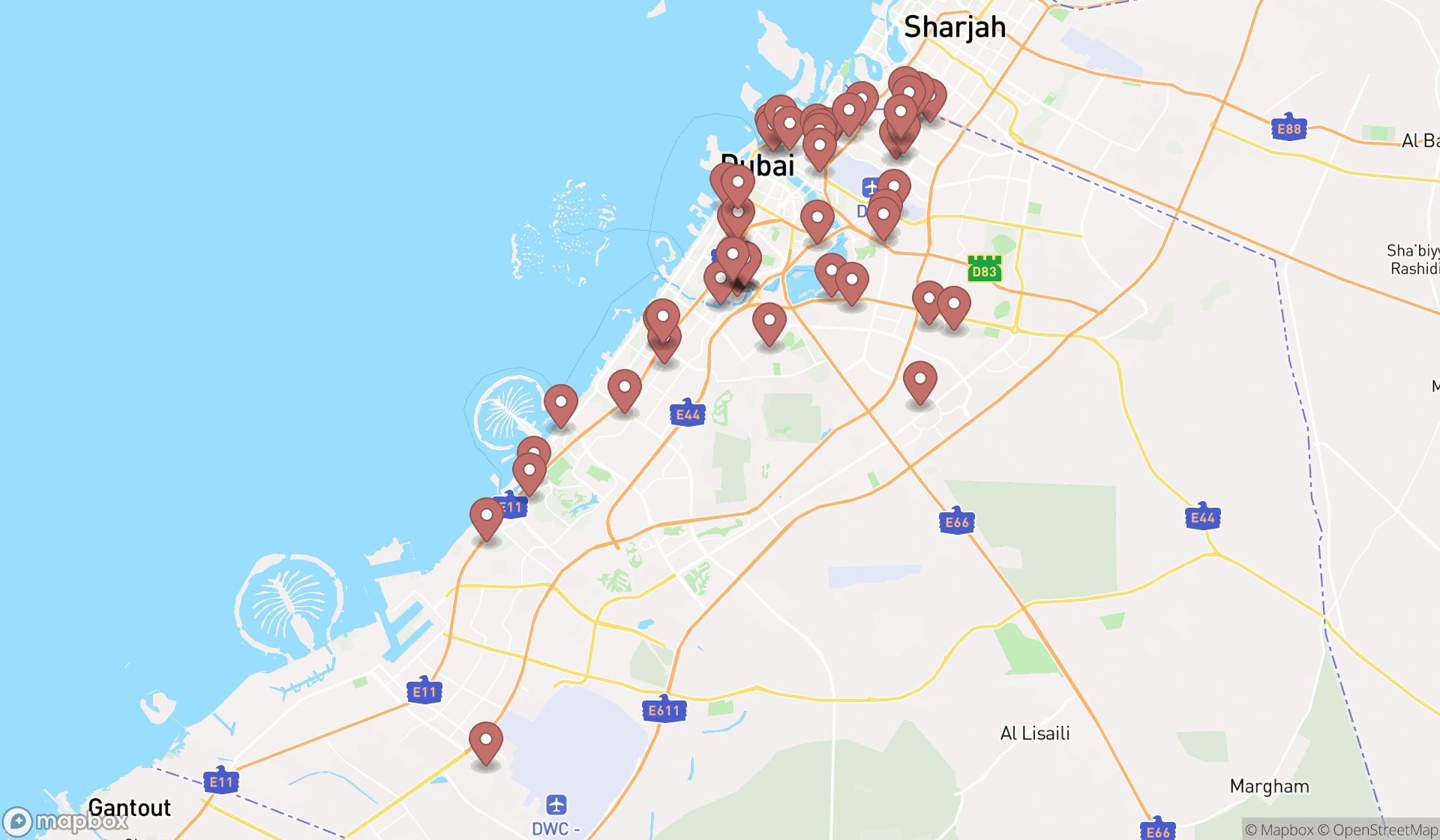 Map showing the search results in Dubai