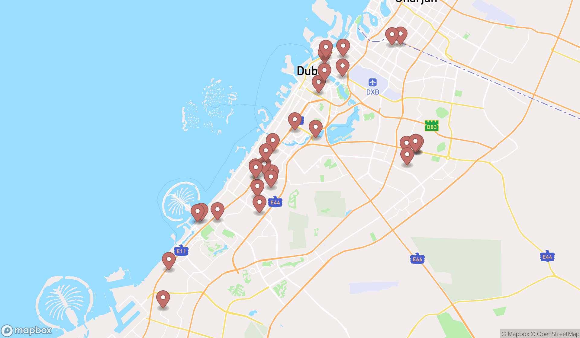 Map showing the search results in Dubai