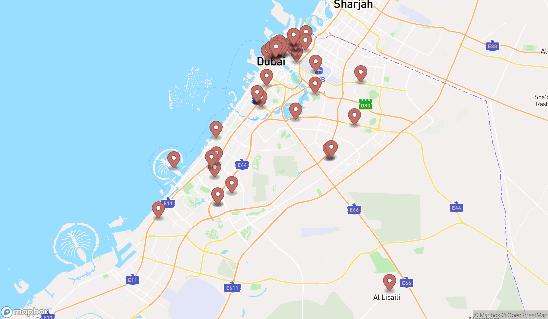 Map showing the search results in Dubai