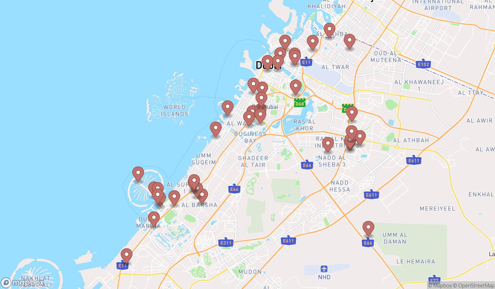 Map showing the search results in Dubai