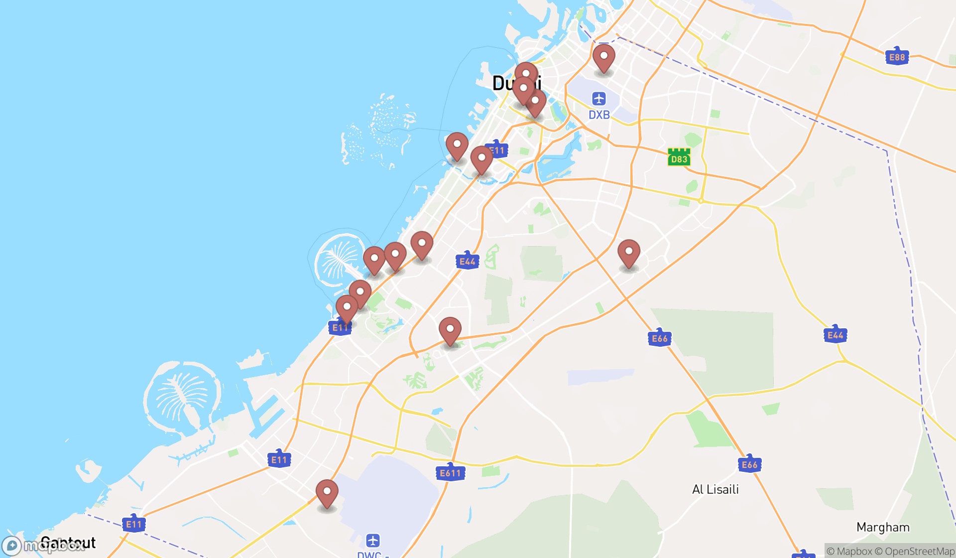 Map showing the search results in Dubai