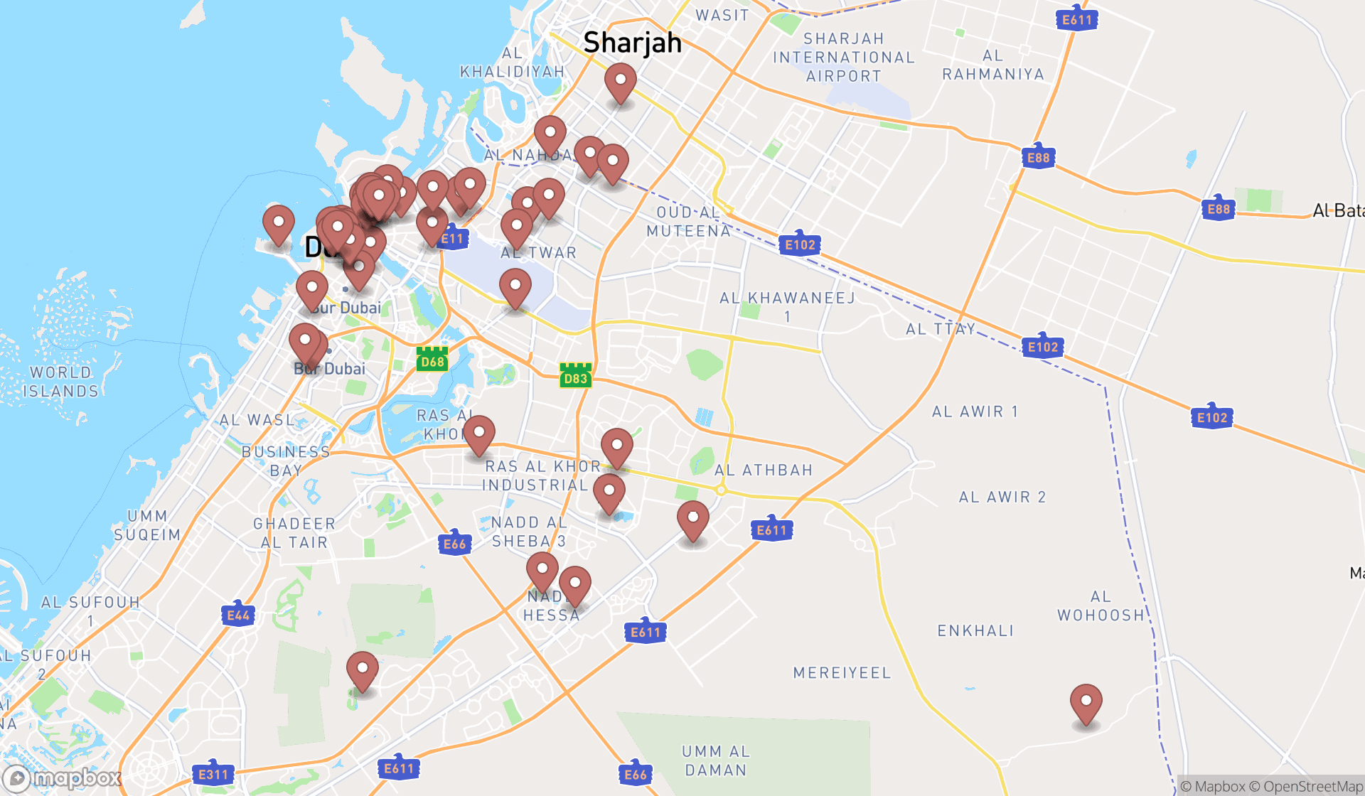 Map showing the search results in Dubai