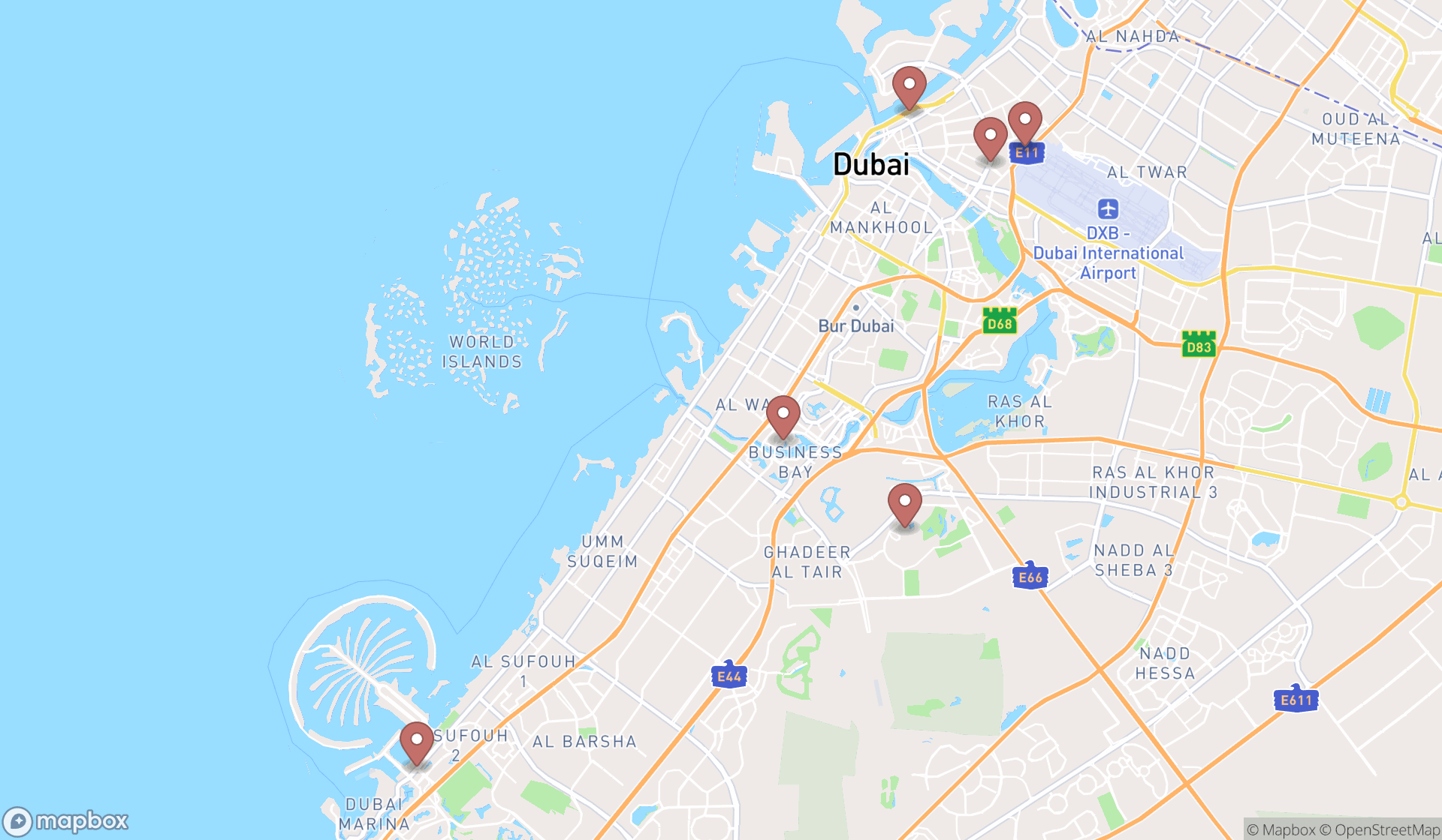 Map showing the search results in Dubai