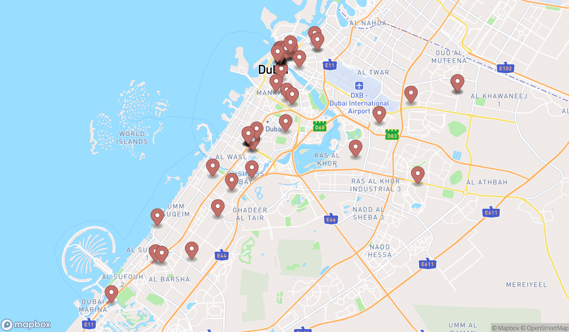 Map showing the search results in Dubai
