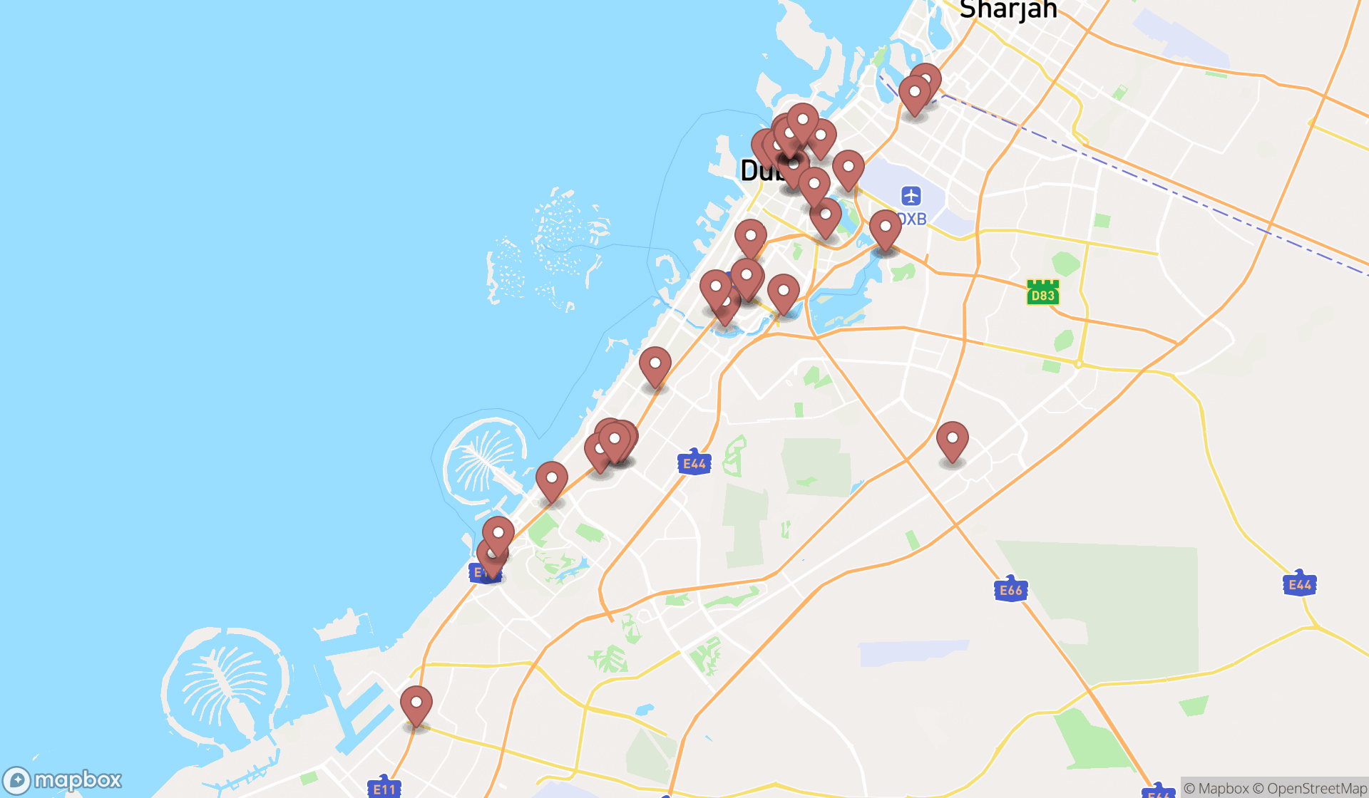 Map showing the search results in Dubai