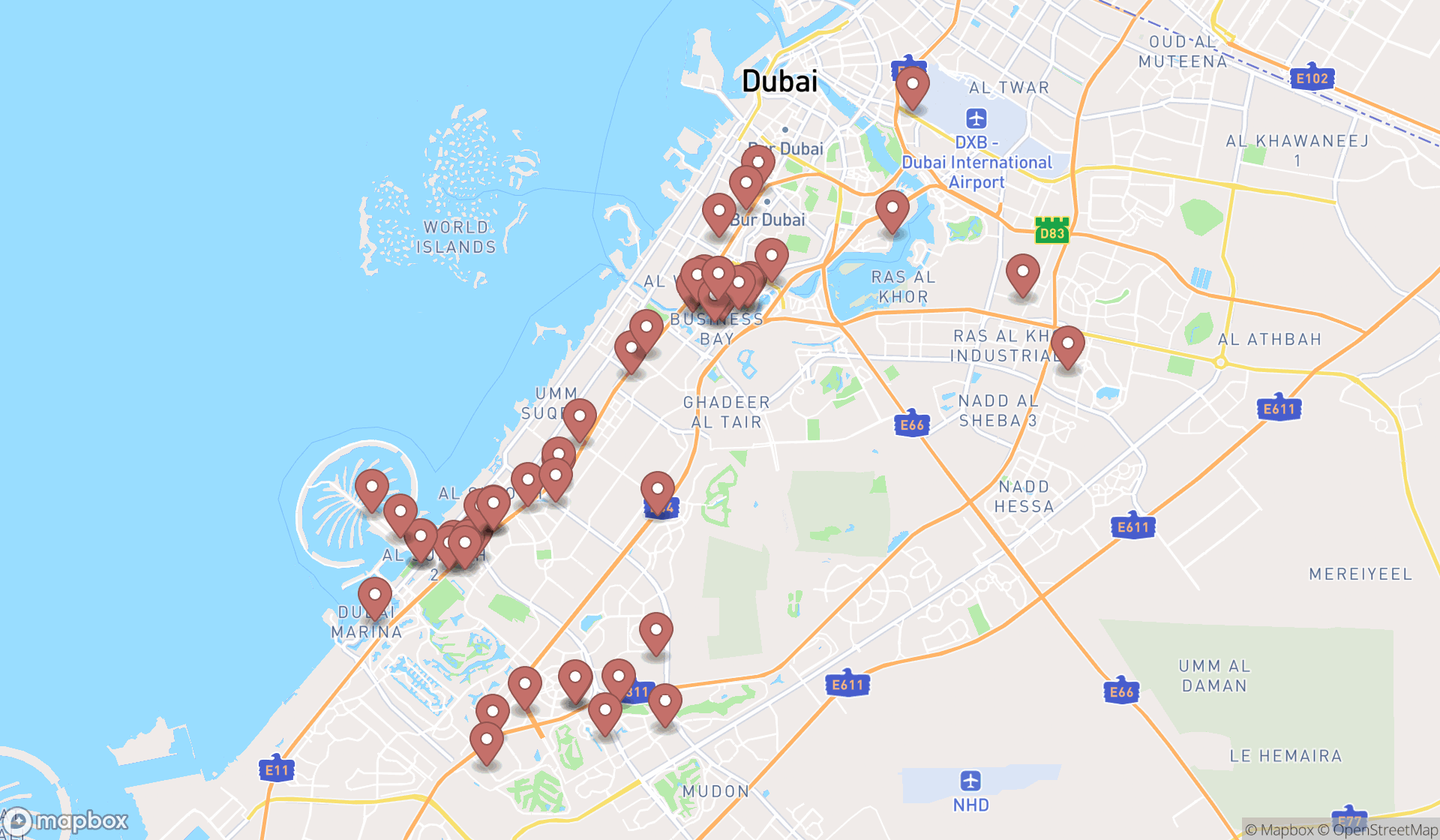 Map showing the search results in Dubai