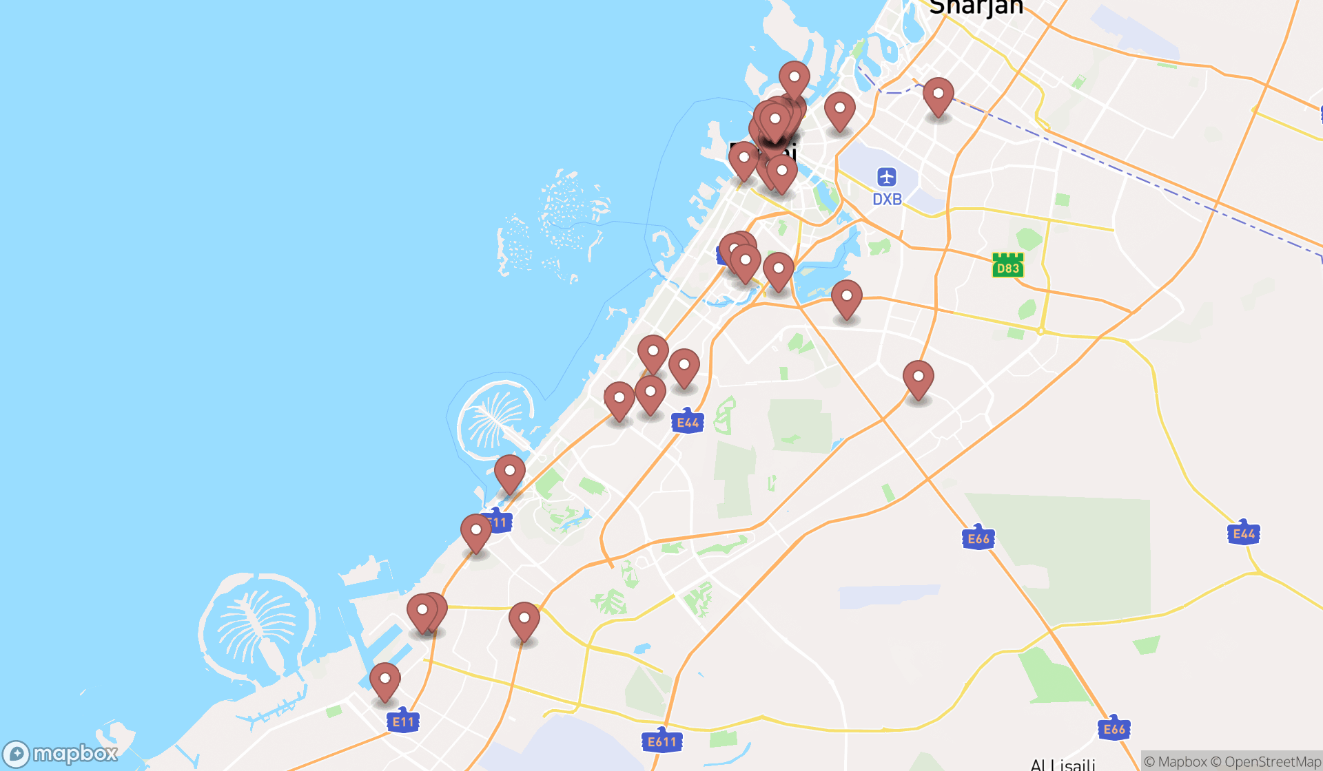 Map showing the search results in Dubai