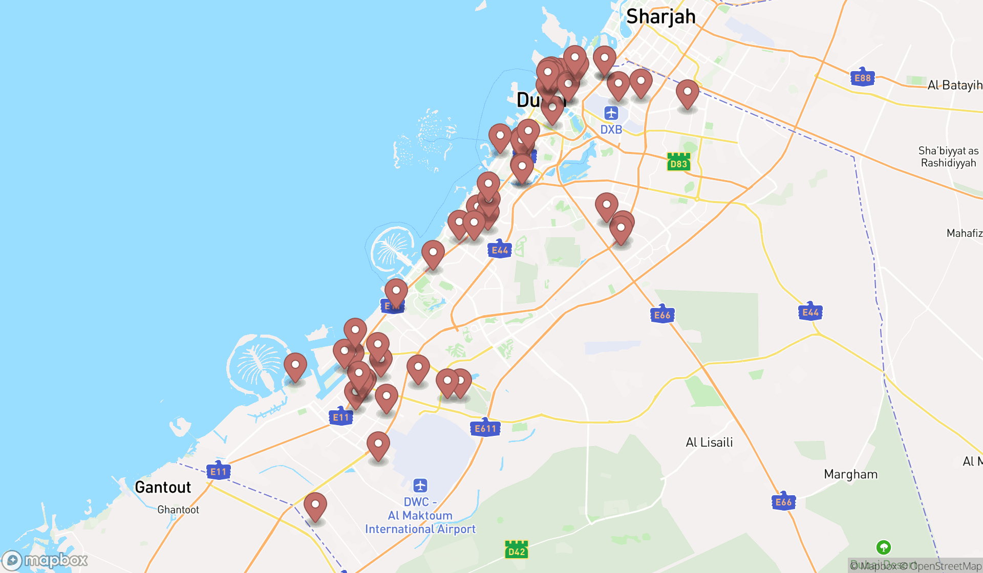 Map showing the search results in Dubai