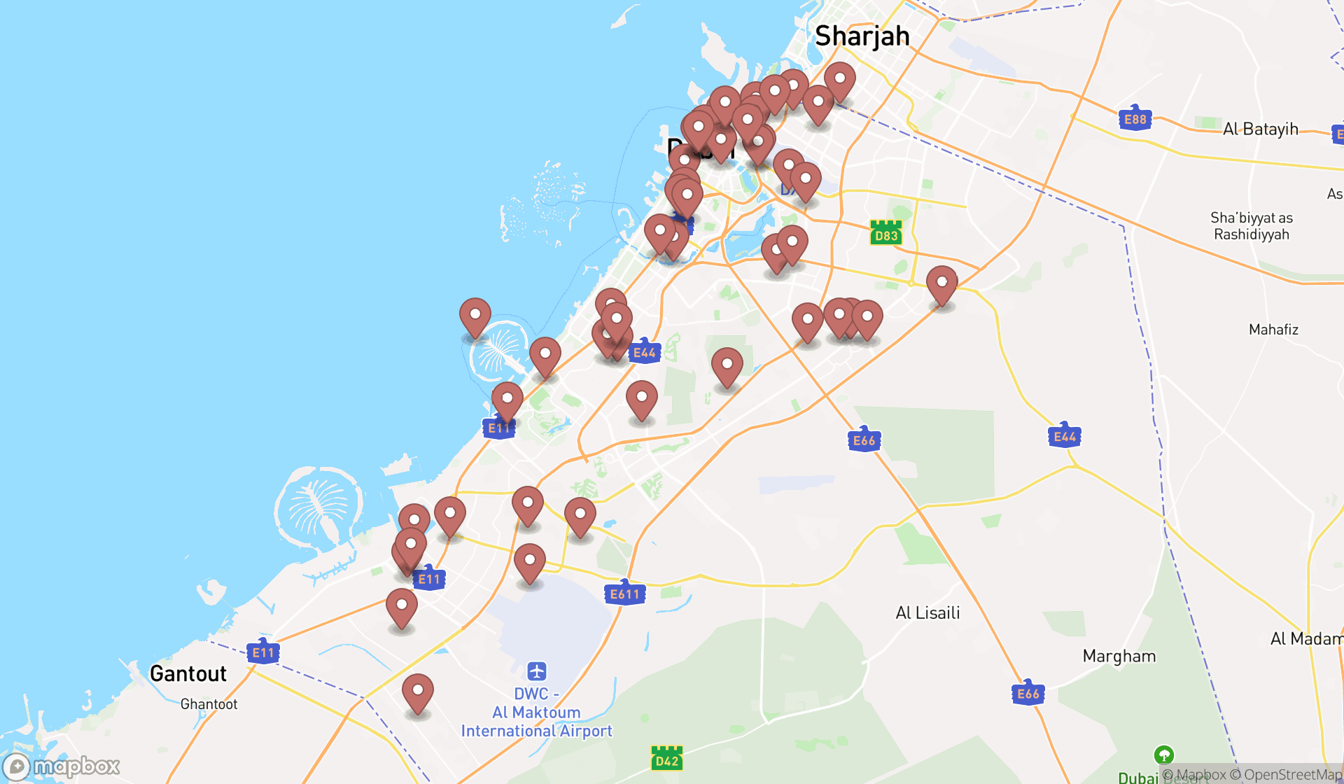 Map showing the search results in Dubai