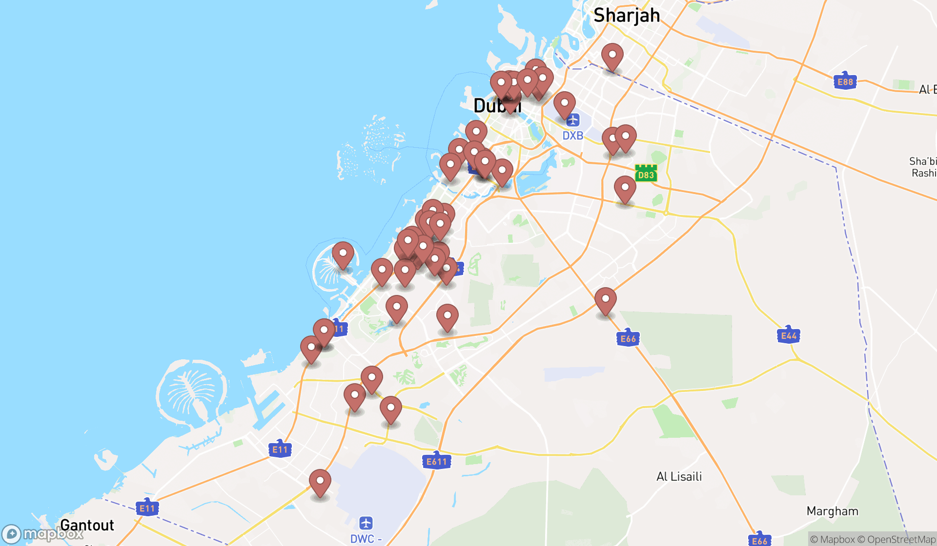 Map showing the search results in Dubai