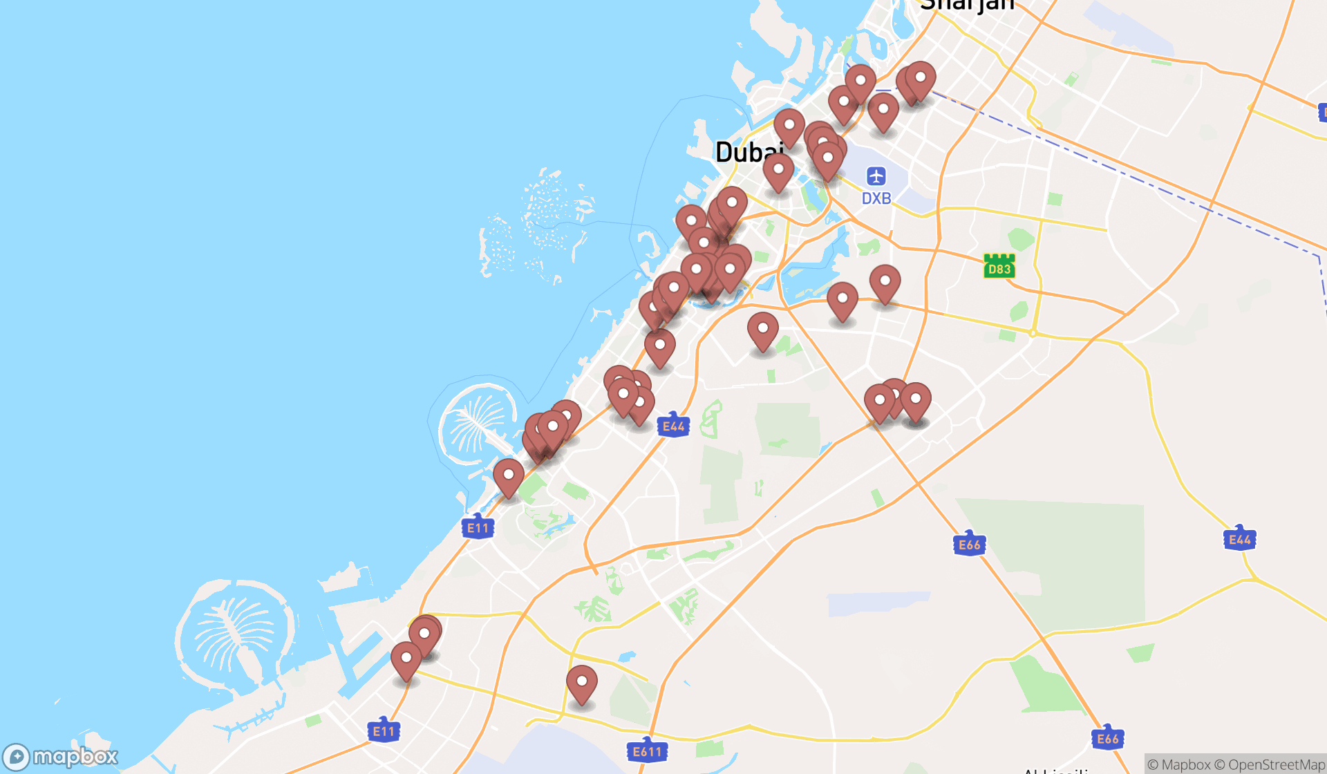 Map showing the search results in Dubai