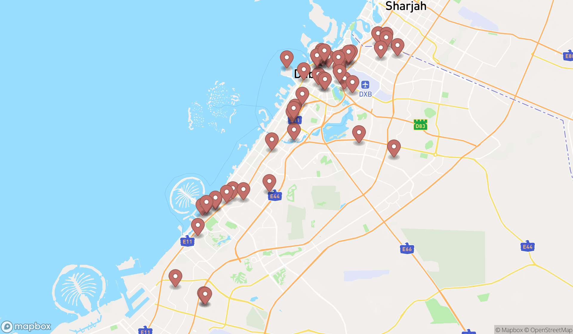 Map showing the search results in Dubai