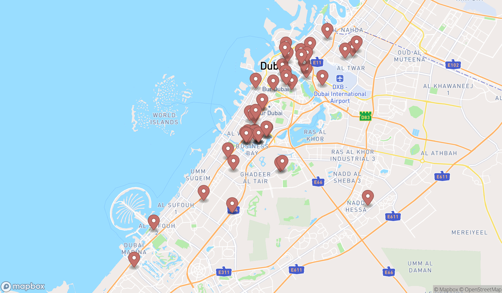 Map showing the search results in Dubai