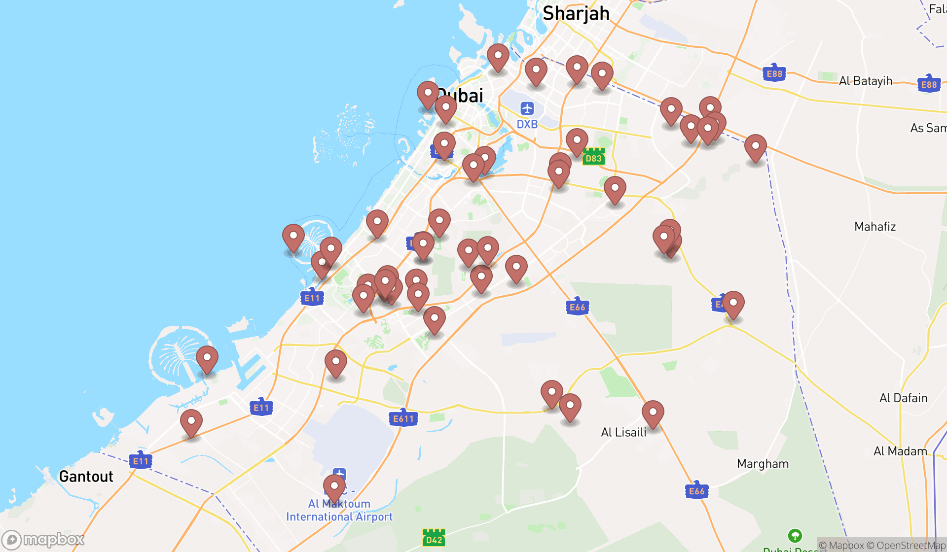 Map showing the search results in Dubai