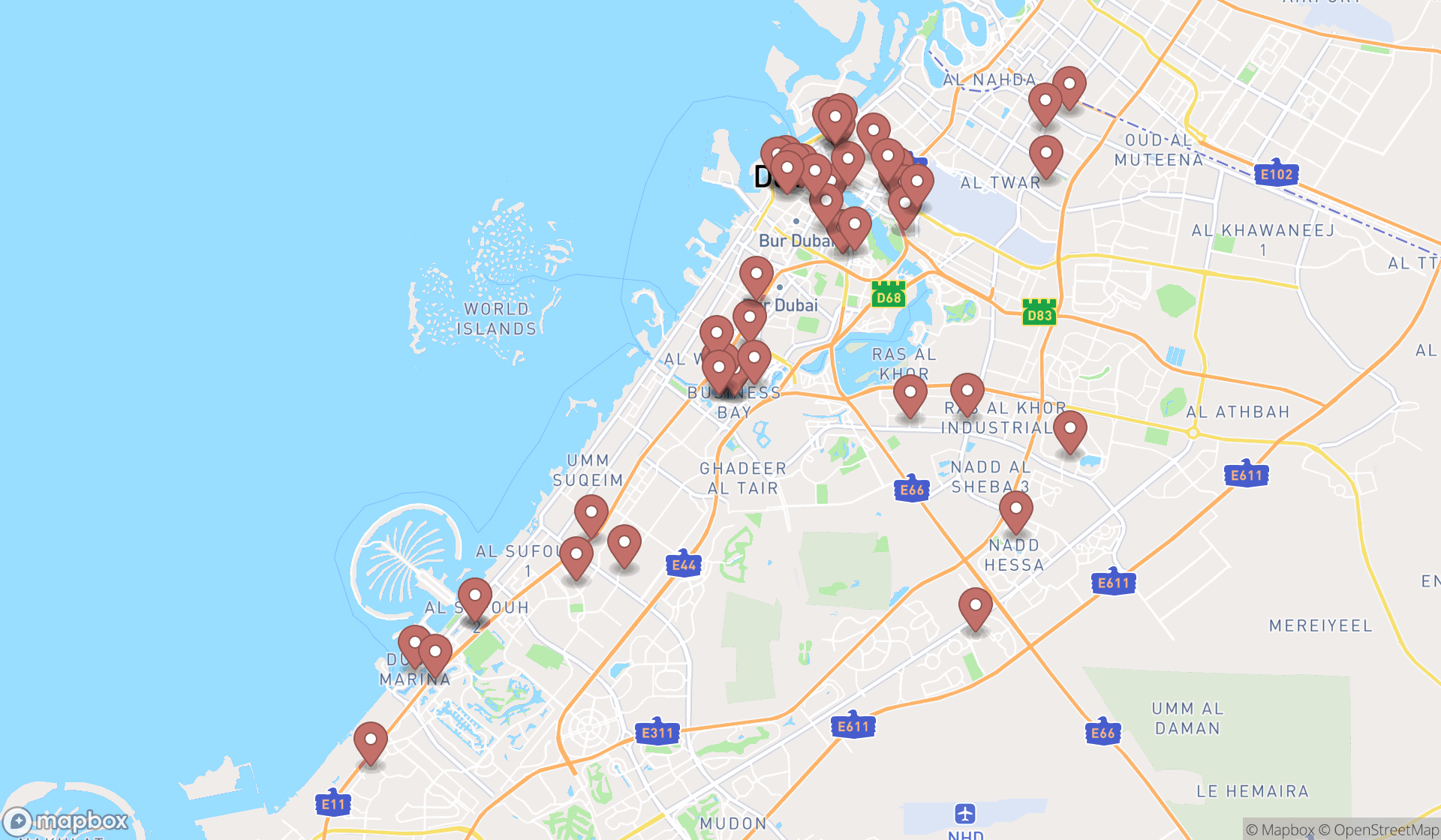 Map showing the search results in Dubai