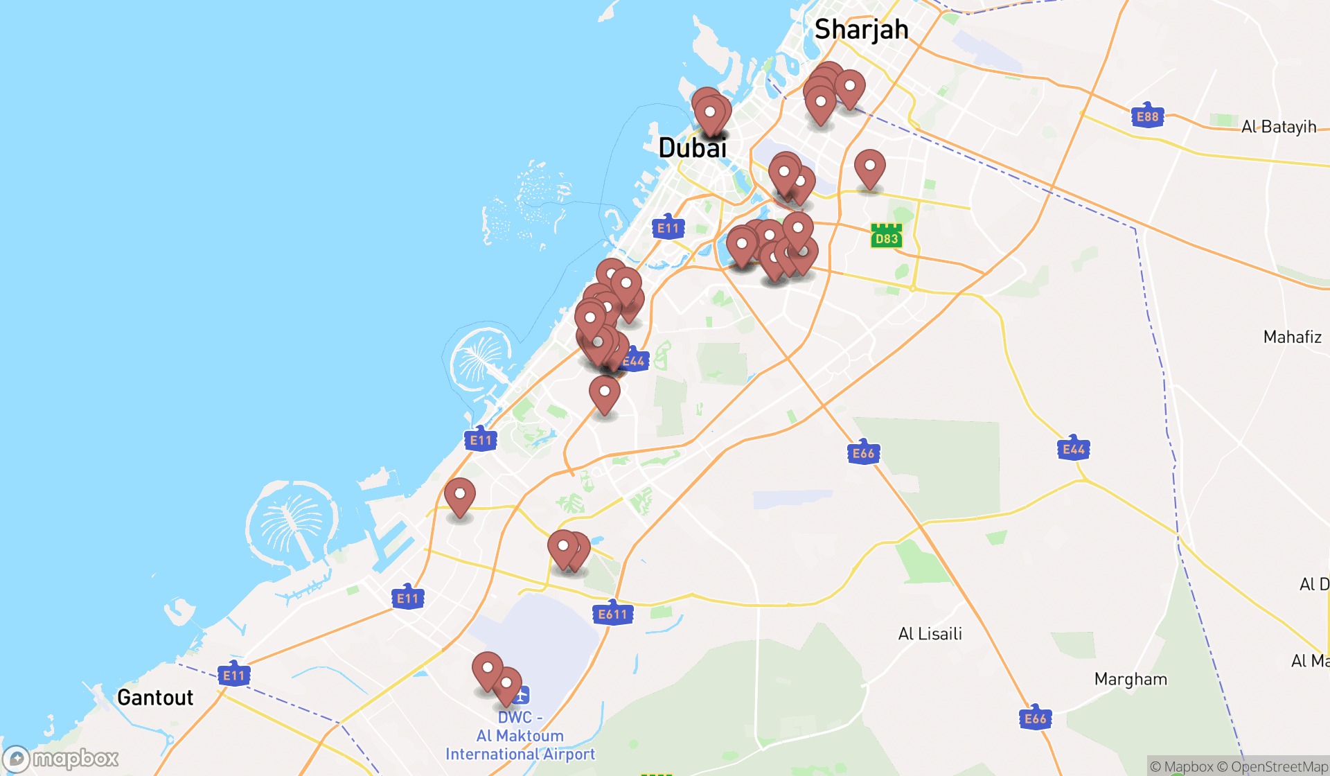 Map showing the search results in Dubai