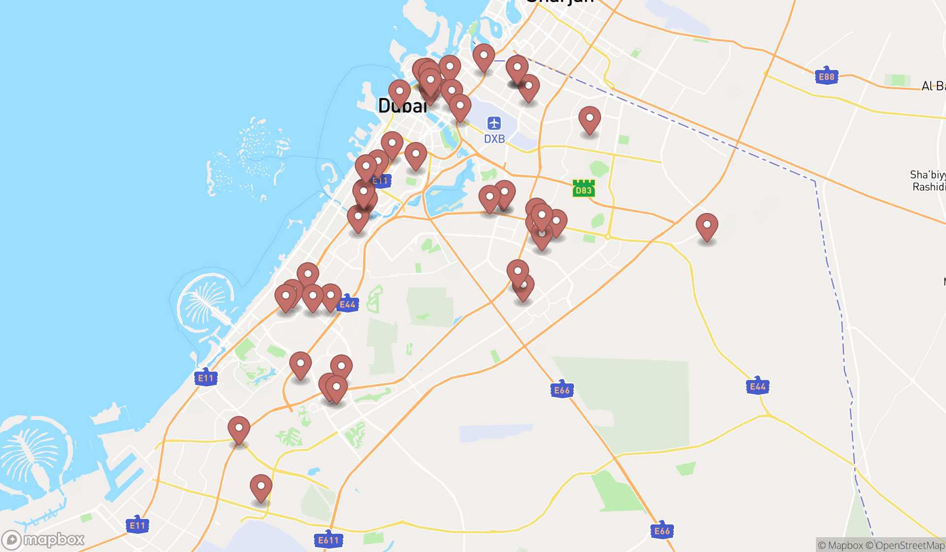 Map showing the search results in Dubai