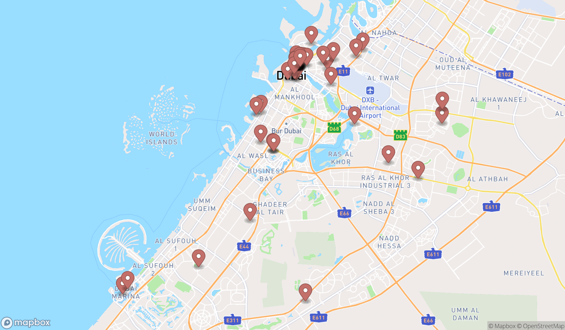 Map showing the search results in Dubai