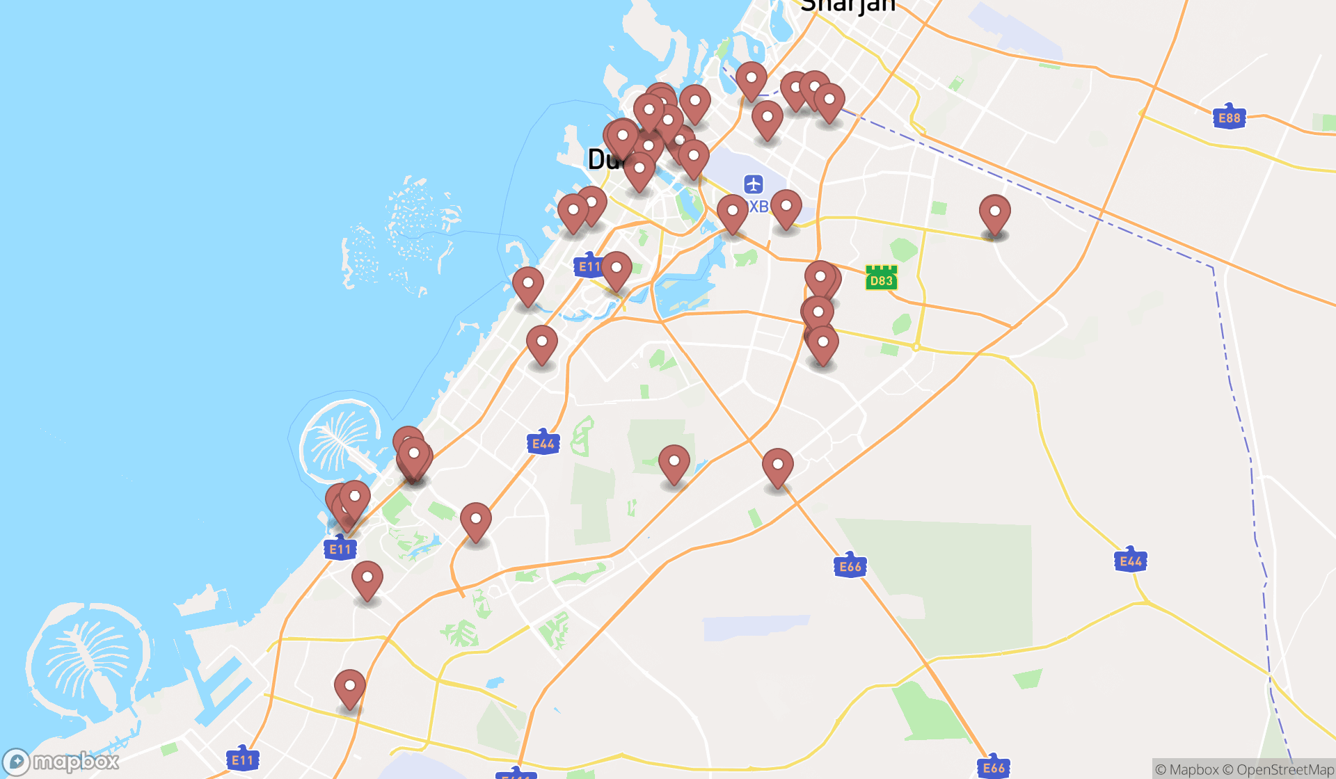 Map showing the search results in Dubai