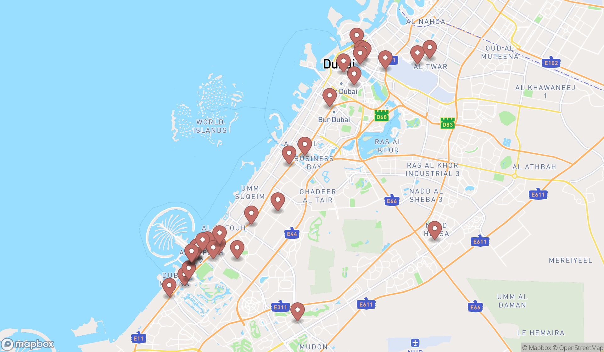 Map showing the search results in Dubai