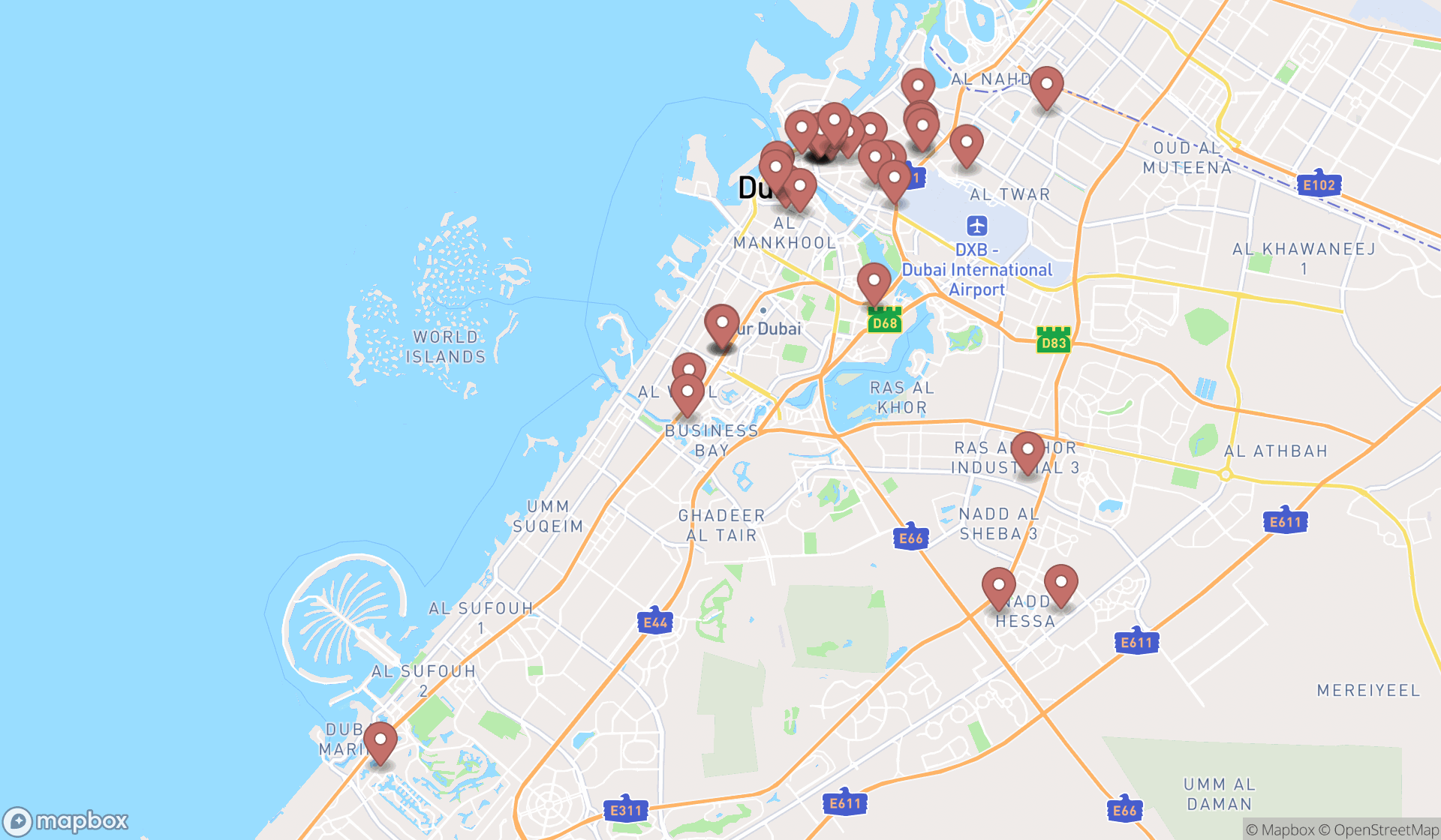 Map showing the search results in Dubai