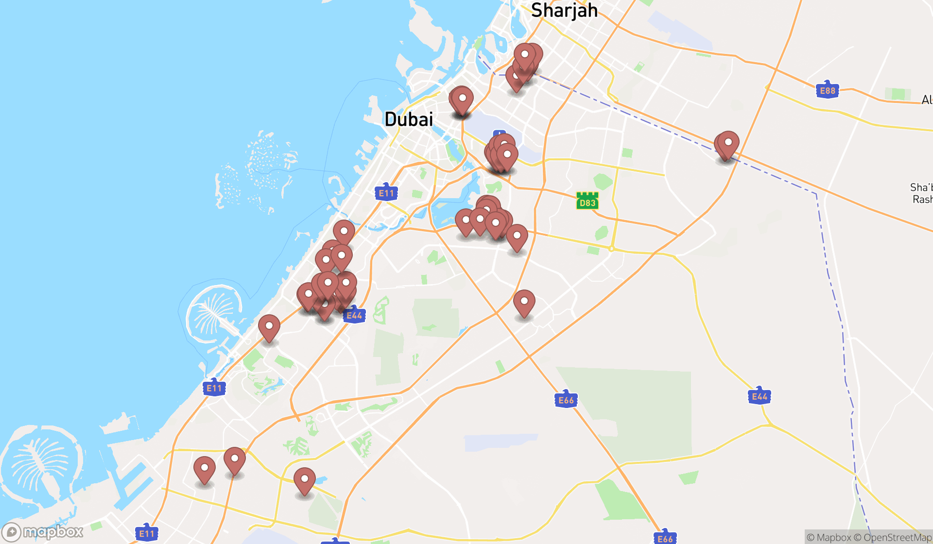 Map showing the search results in Dubai