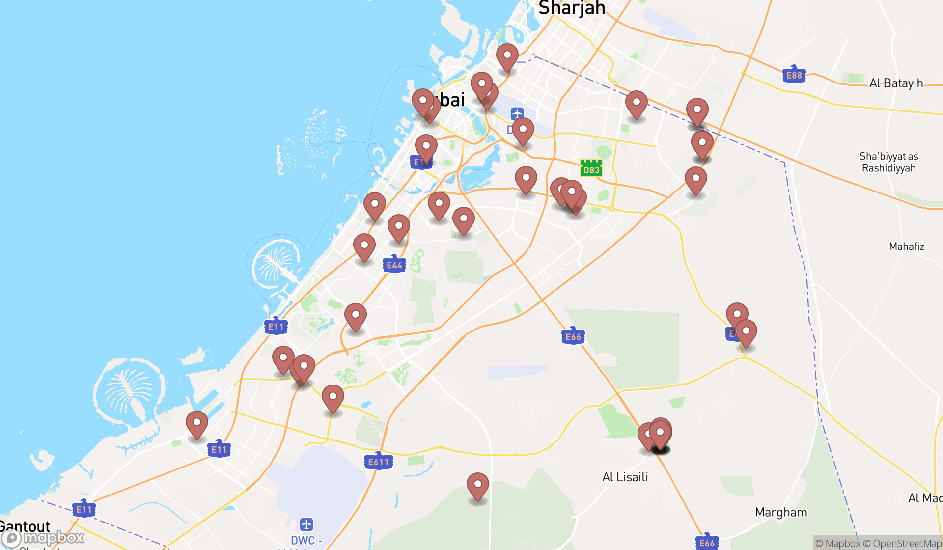 Map showing the search results in Dubai