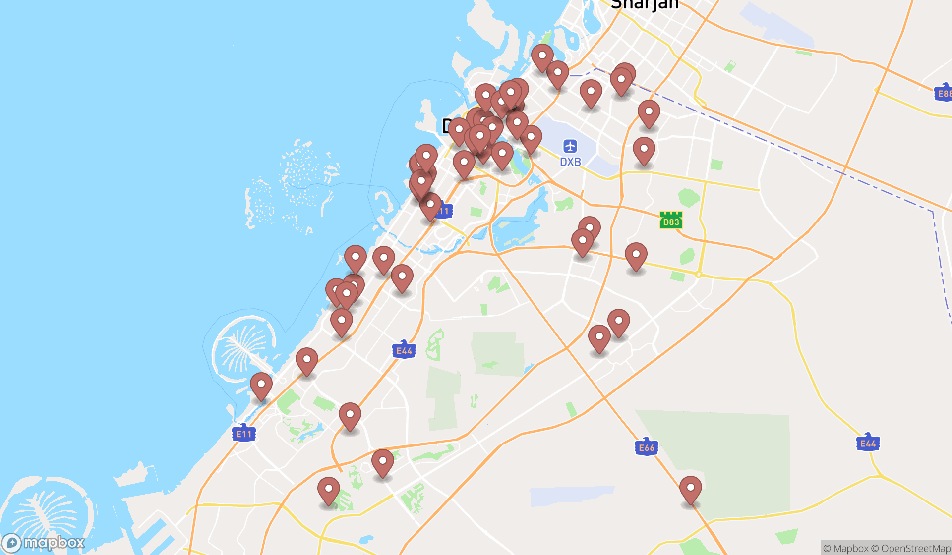 Map showing the search results in Dubai