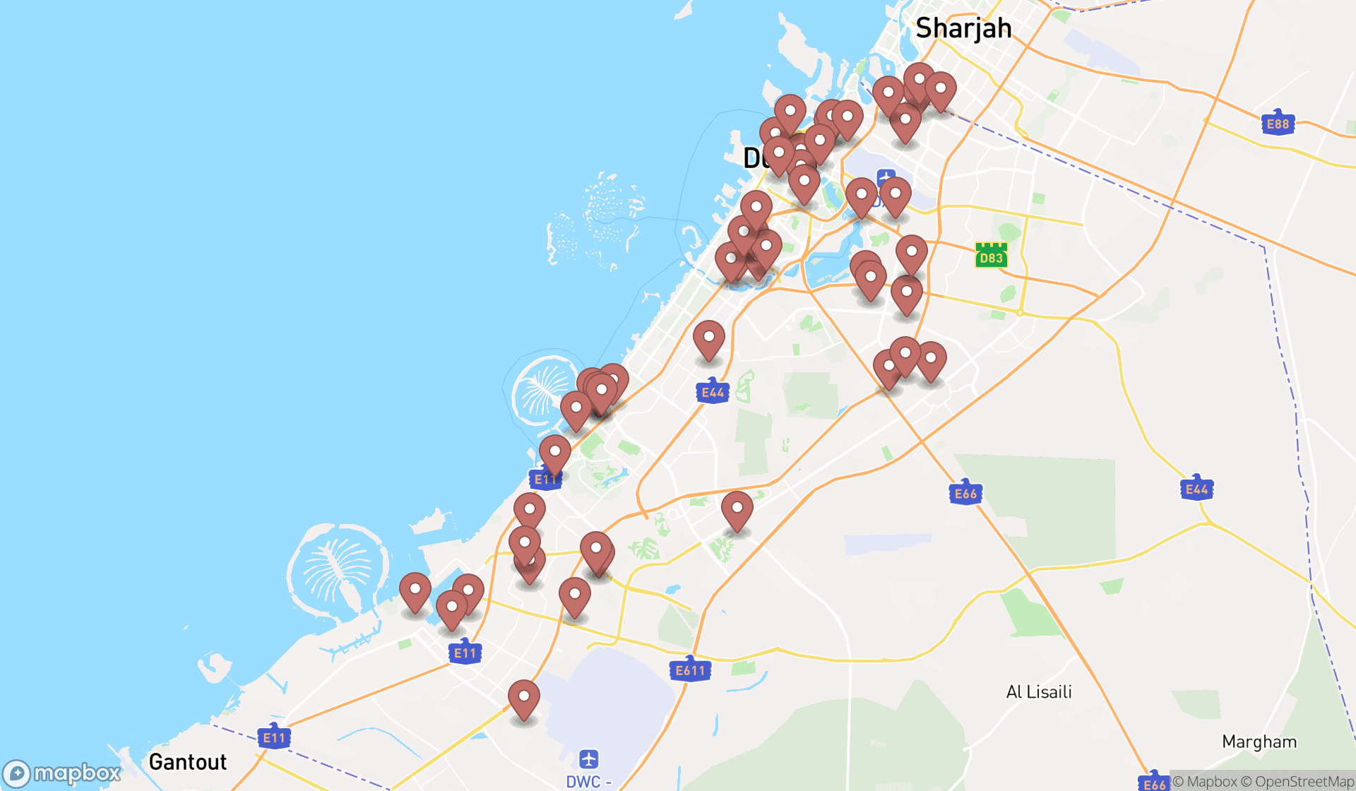 Map showing the search results in Dubai