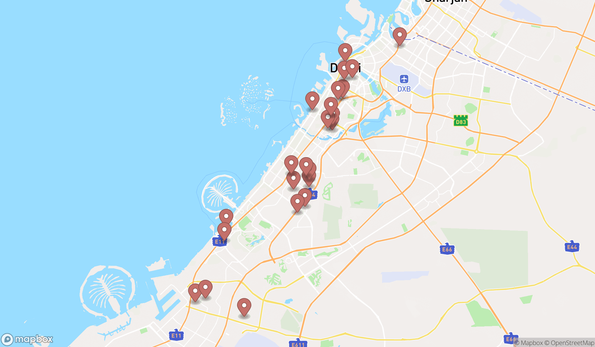 Map showing the search results in Dubai