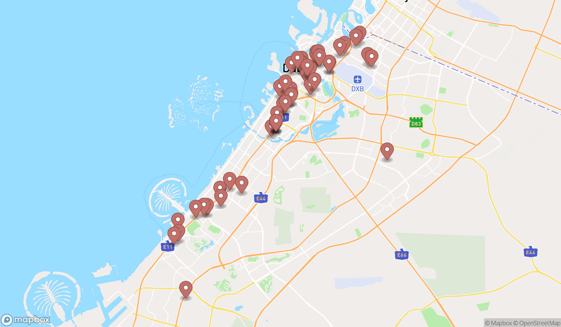 Map showing the search results in Dubai