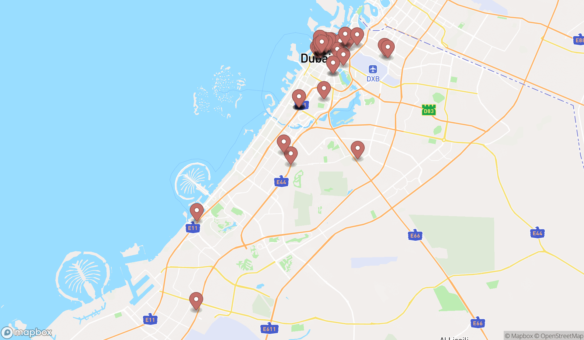 Map showing the search results in Dubai