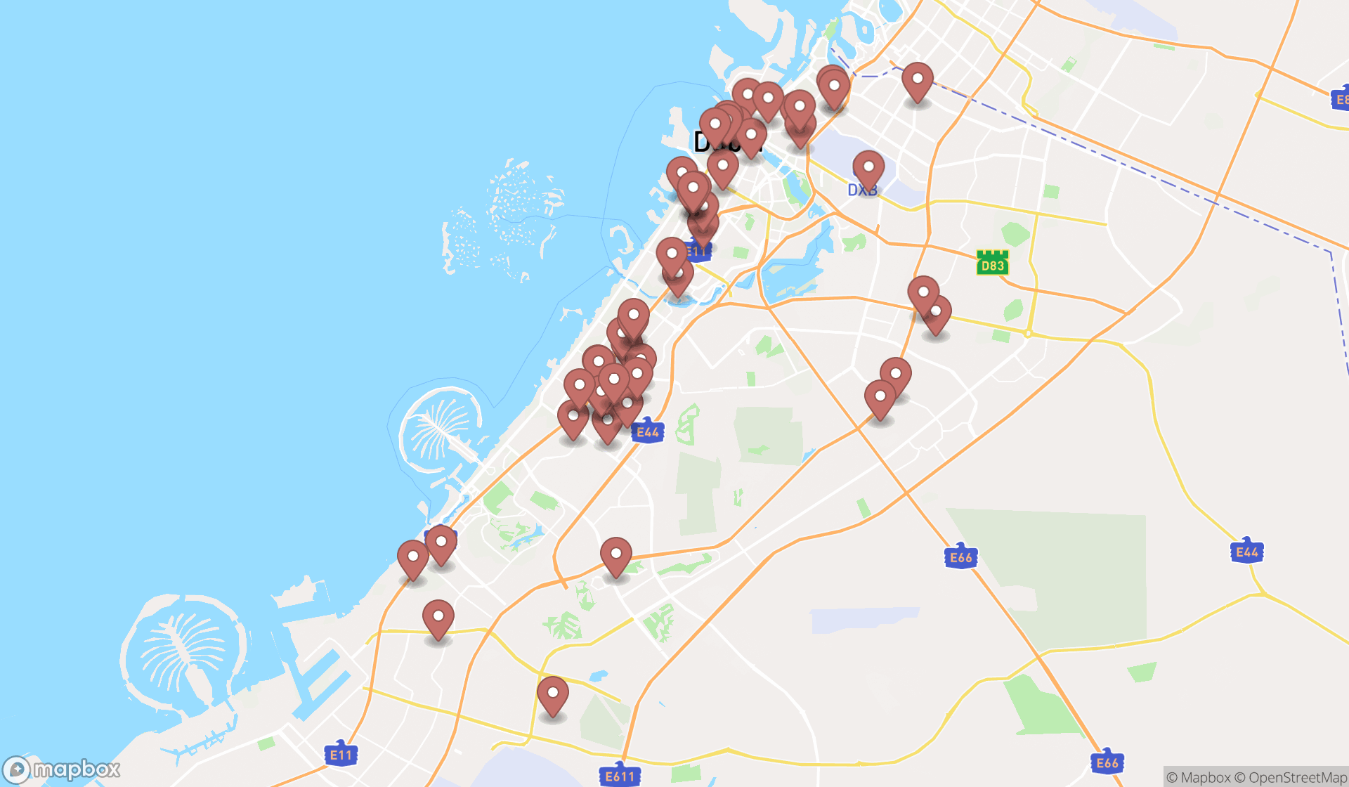 Map showing the search results in Dubai