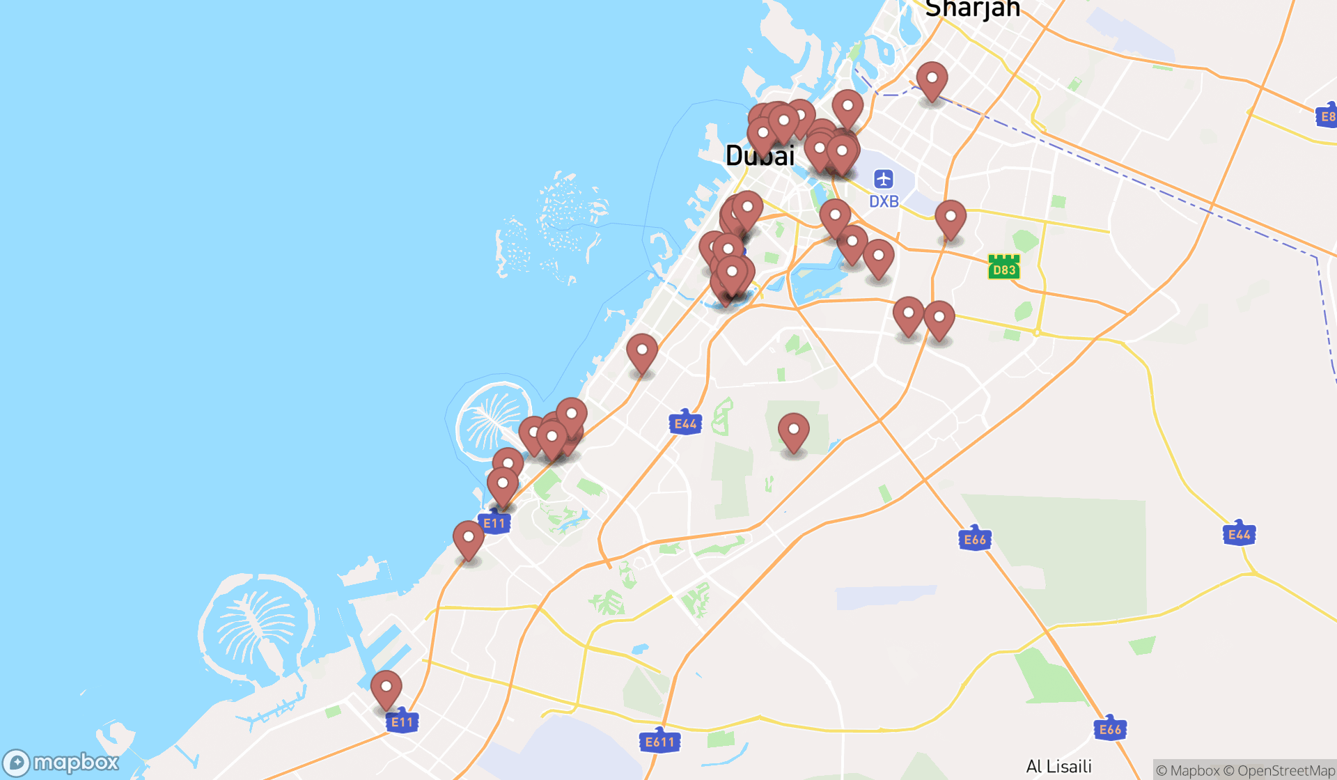 Map showing the search results in Dubai