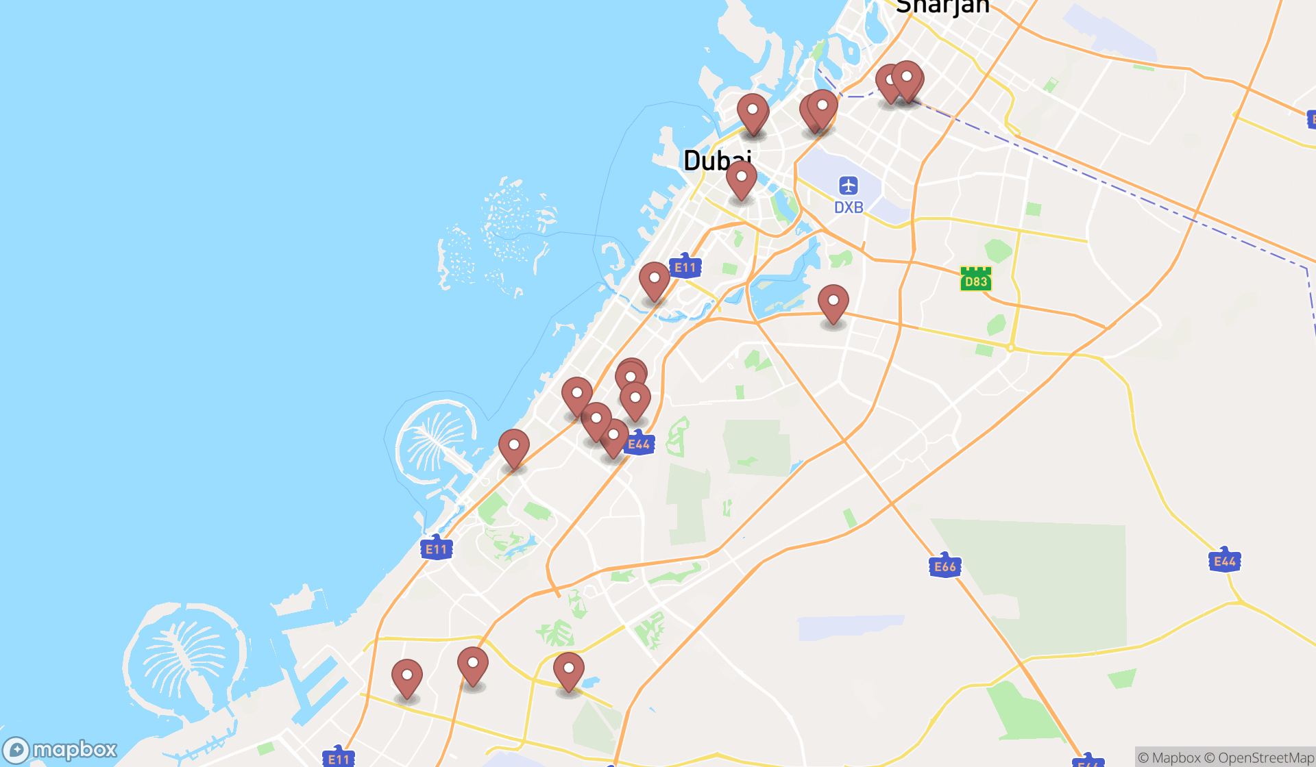 Map showing the search results in Dubai