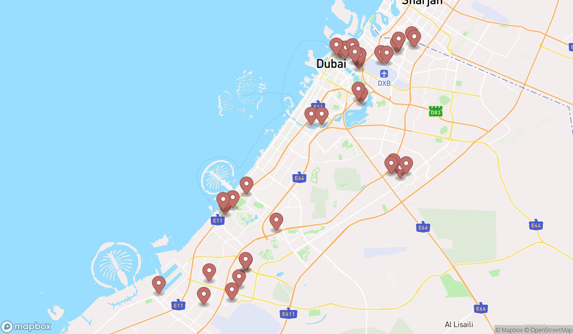 Map showing the search results in Dubai