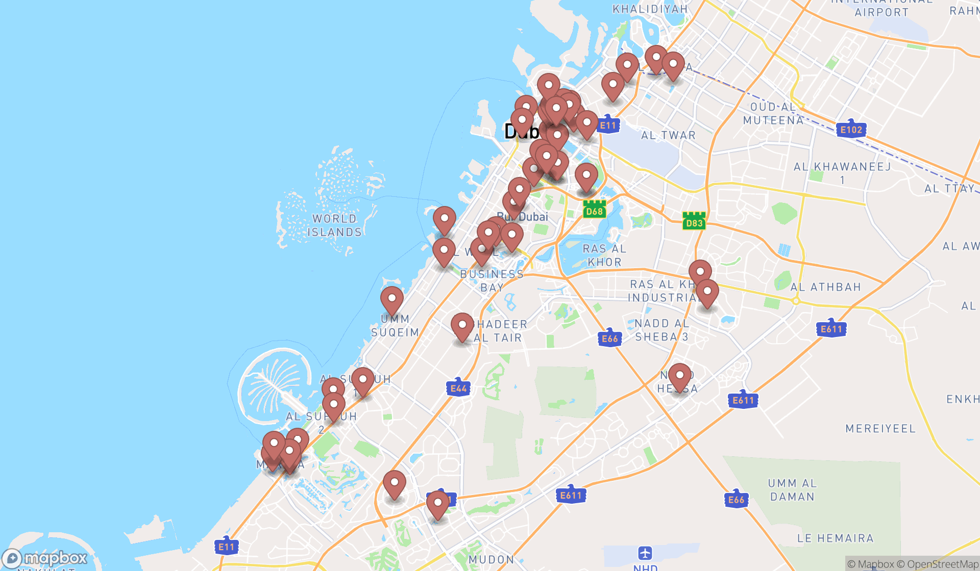 Map showing the search results in Dubai