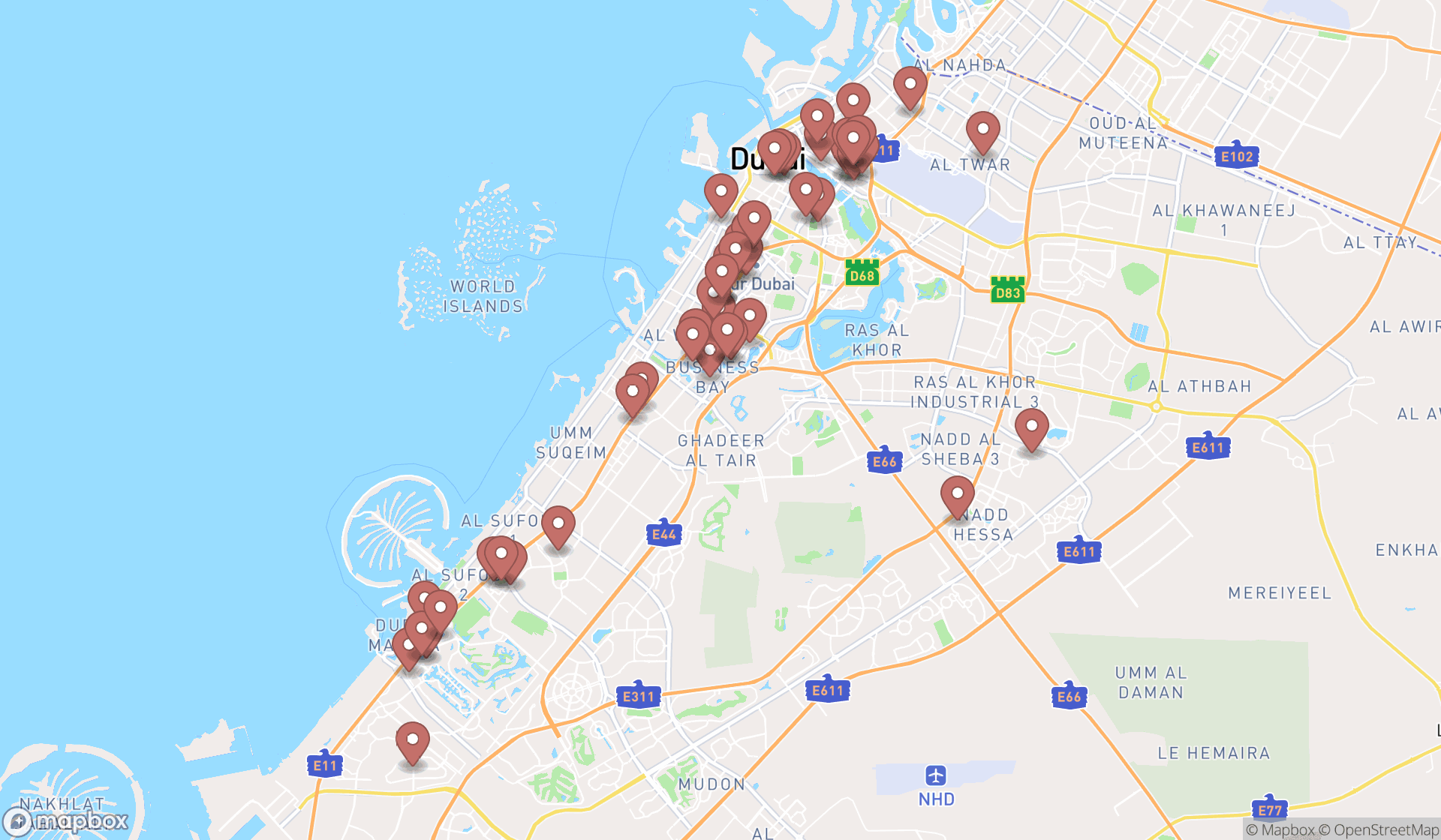 Map showing the search results in Dubai